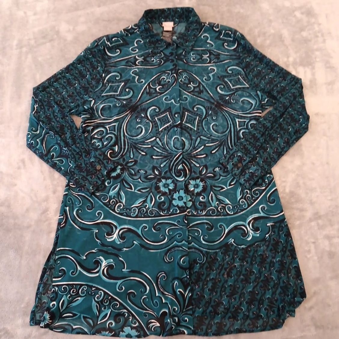 Vintage Chico'S Travelers Shirt Dress US Size 12 Green Geometric Sheer Long Sleeve Slit Size XL / US 12-14 / IT 48-50 - 2 Thumbnail