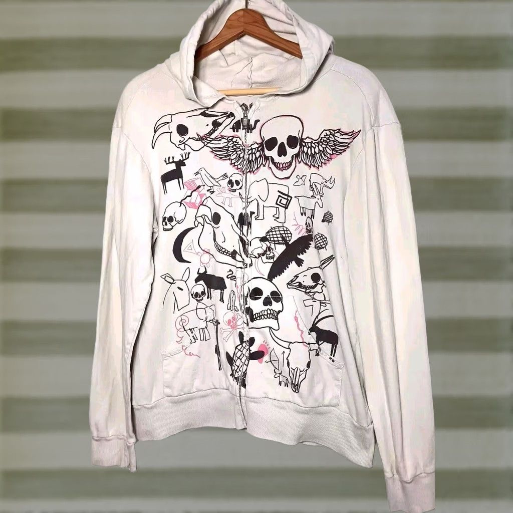Vintage VINTAGE SUPALIFE Hoodie Small Gray Southwestern Skull Distressed Full Zip Desert Y2K USA Womens Size S / US 4 / IT 40 - 1 Thumbnail