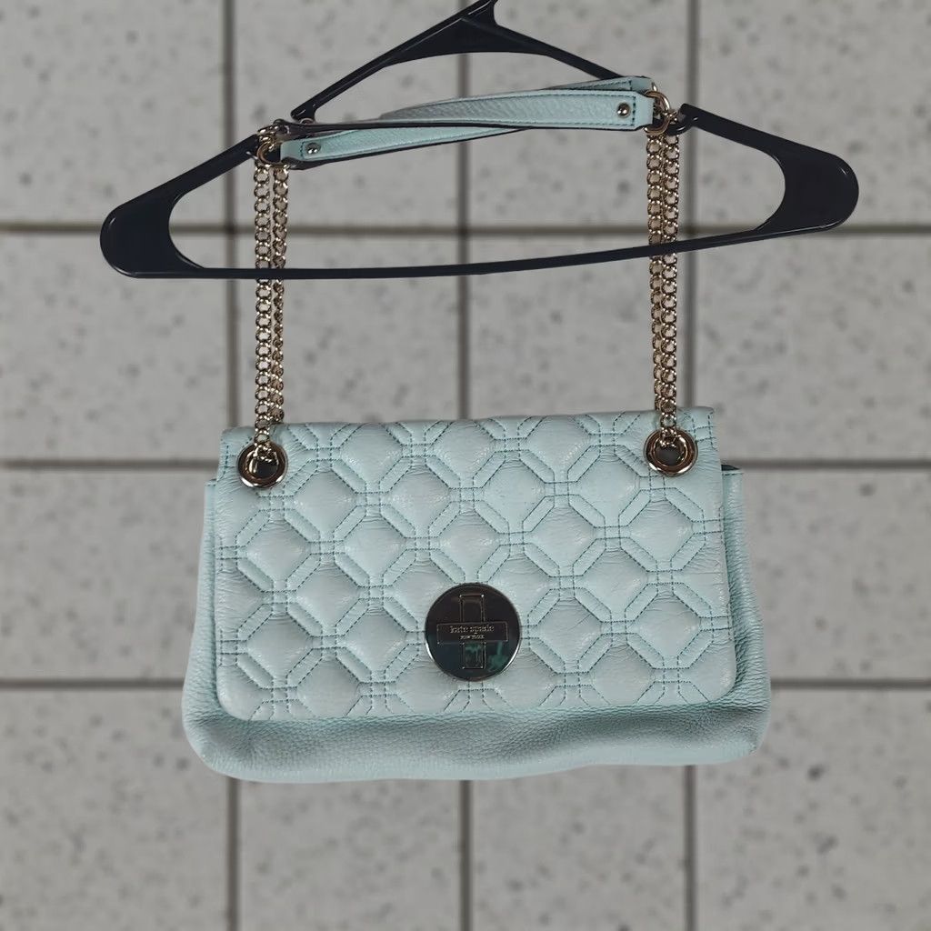 Vintage kate spade new york Quilted Pebbled Leather Turnlock Shoulder Bag Blue Gold Chain Women Size ONE SIZE - 1 Thumbnail