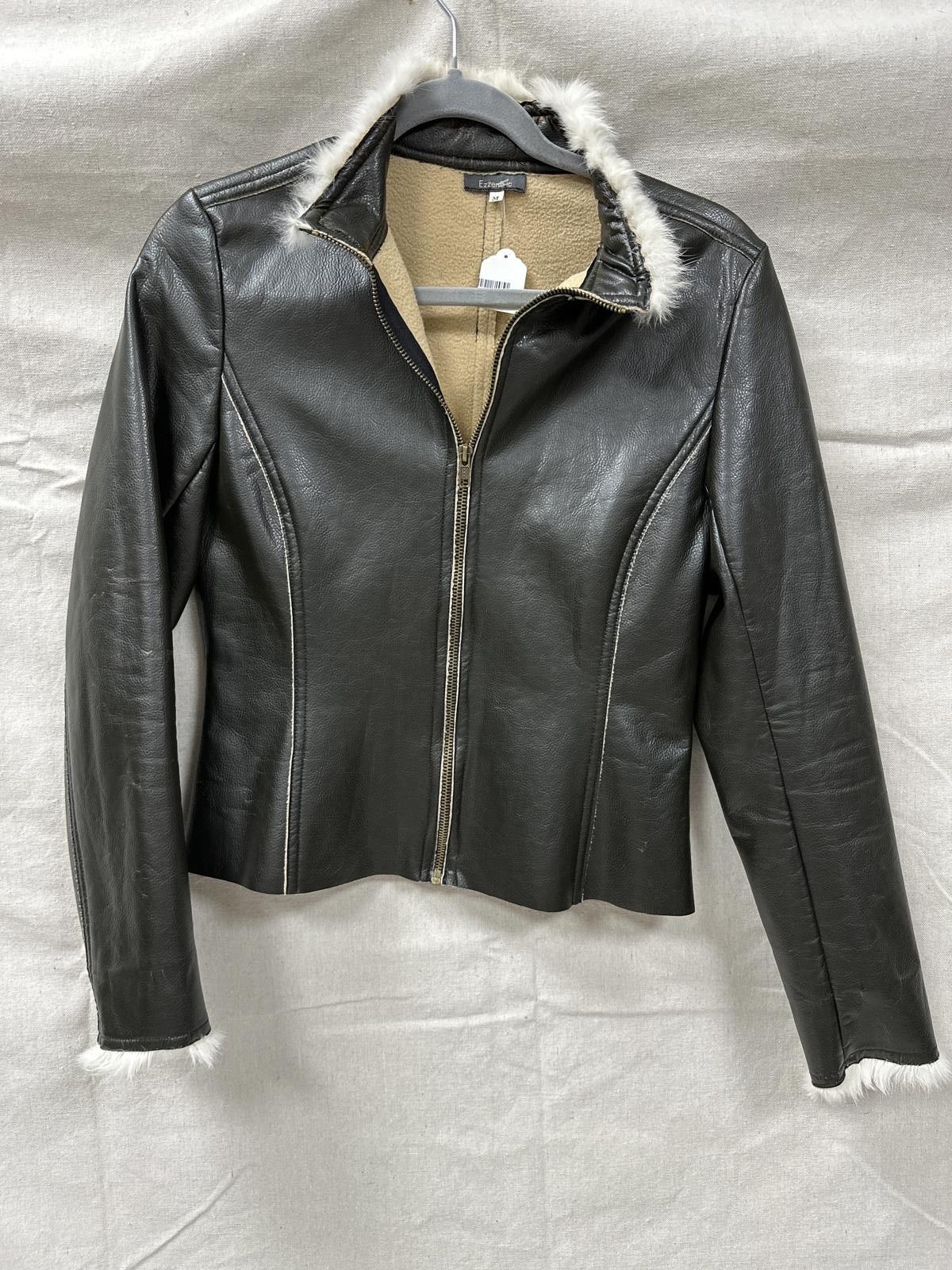 Ezzentric Women's Black Leather Jacket with Faux Fur Trim