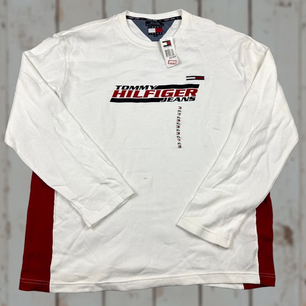 Tommy Hilfiger VINTAGE Tommy Hilfiger Jeans Shirt XL White Knit Crew Neck Logo Long Sleeve Men Shirt Size US XL / EU 56 / 4 - 1 Thumbnail
