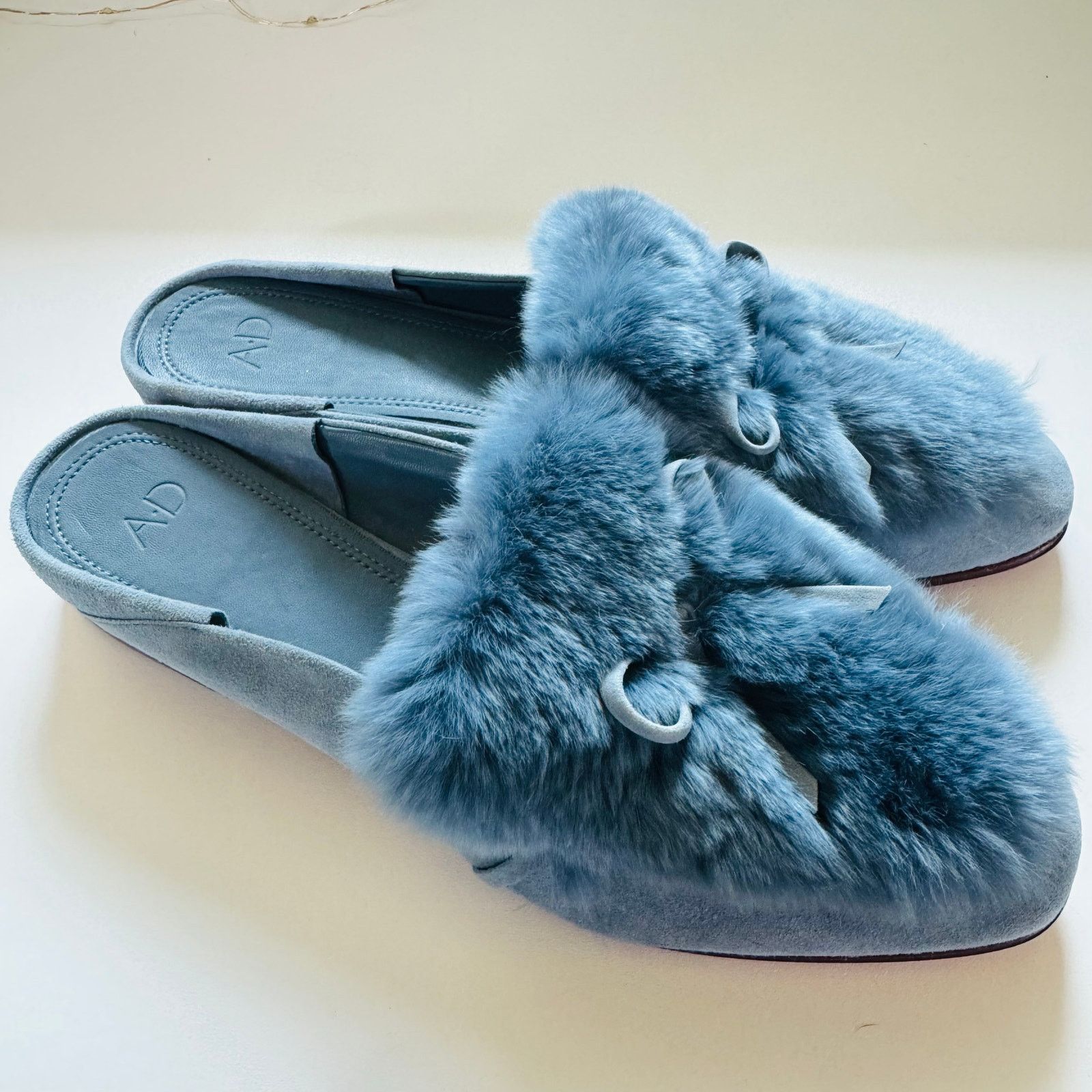 AD Blue Grey Rabbit Fur Flats Toe Bow Slides Mules Shoes 7.5
