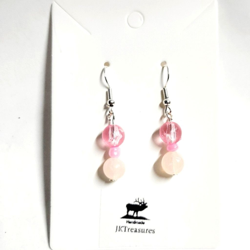 Handmade Handcrafted rose quartz crystal & pink glass dangle earrings Size ONE SIZE - 1 Thumbnail