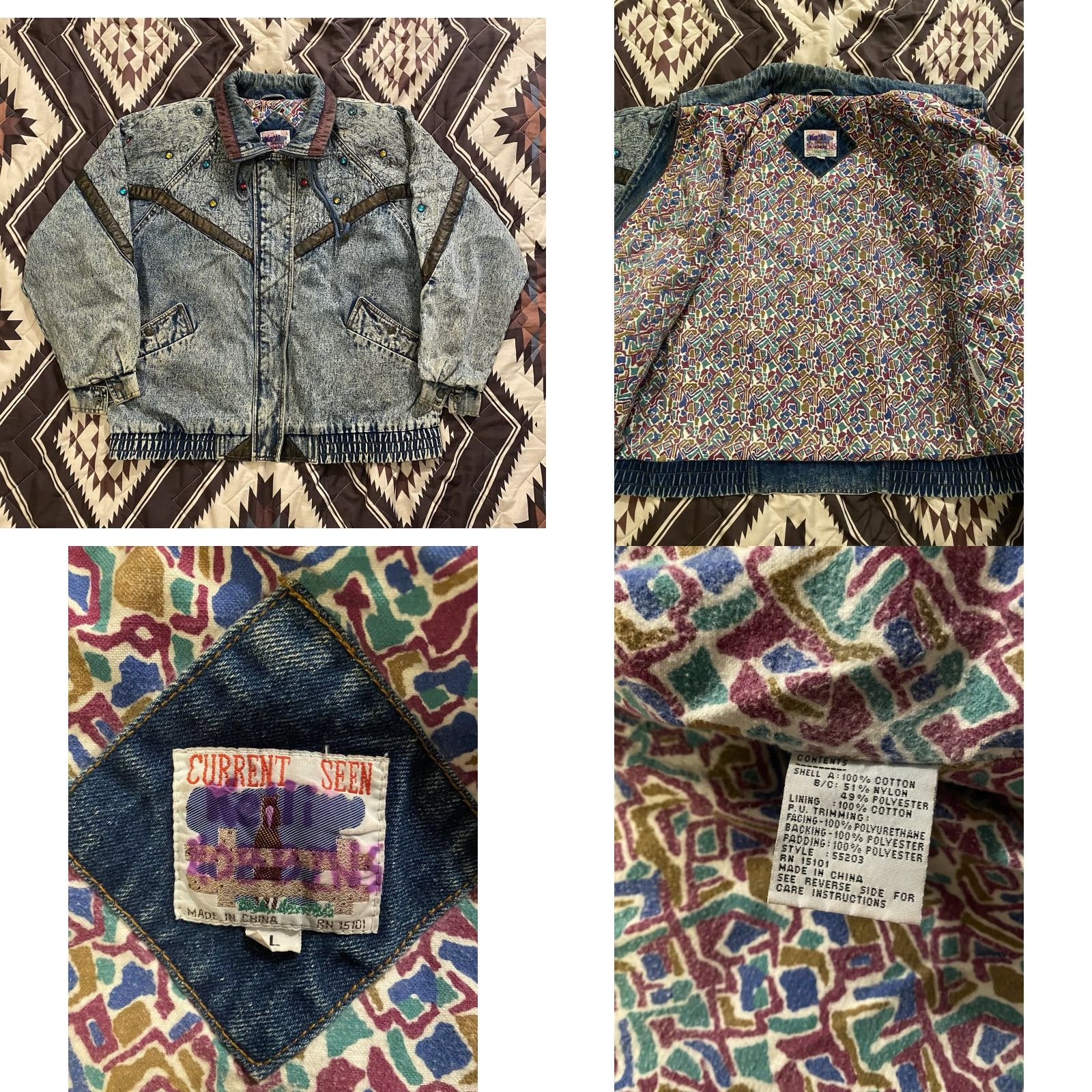 Vintage VINTAGE Current Seen Denim Jacket Bomber L, Women, Blue, Mid-Length, Lined, Embroidered, Button Zip Snap, 80s Retro, Casual Womens Jacket Size L / US 10 / IT 46 - 8 Thumbnail