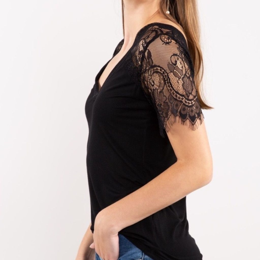 Other Black Lace Eyelash Hem Sleeved V-Neck Tee Size S / US 4 / IT 40 - 4 Thumbnail