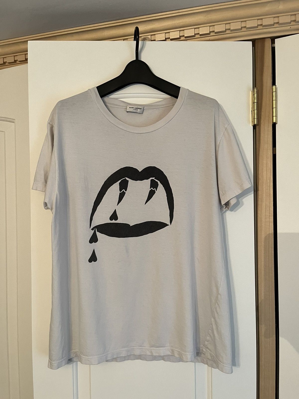 image of Saint Laurent Paris Saint Laurent Blood Luster Vampire Lip T-Shirt in White, Men's (Size Large)