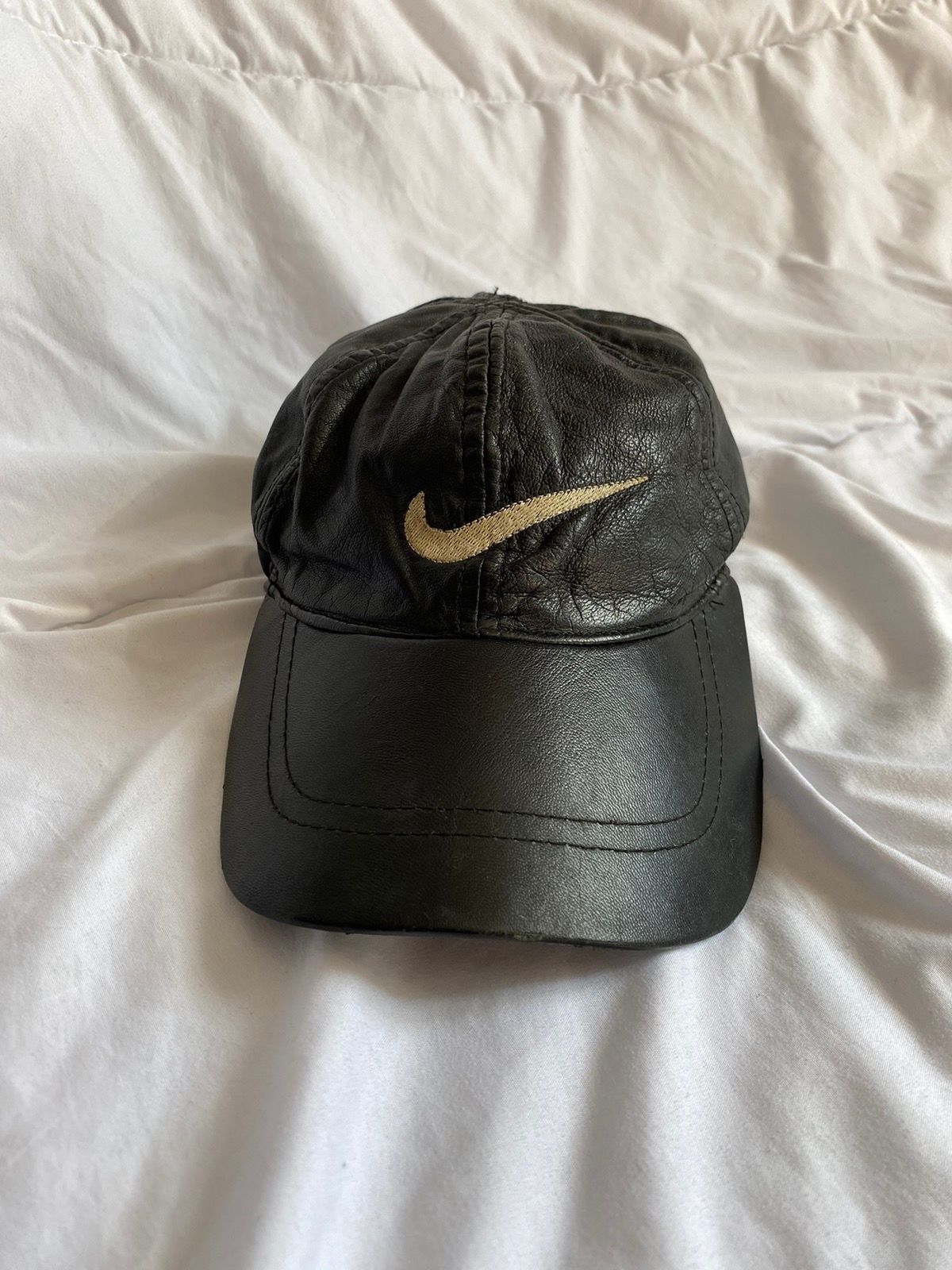 Pre-owned Nike X Vintage Nike Leather Hat Cap Youth One Size Small Head In Black