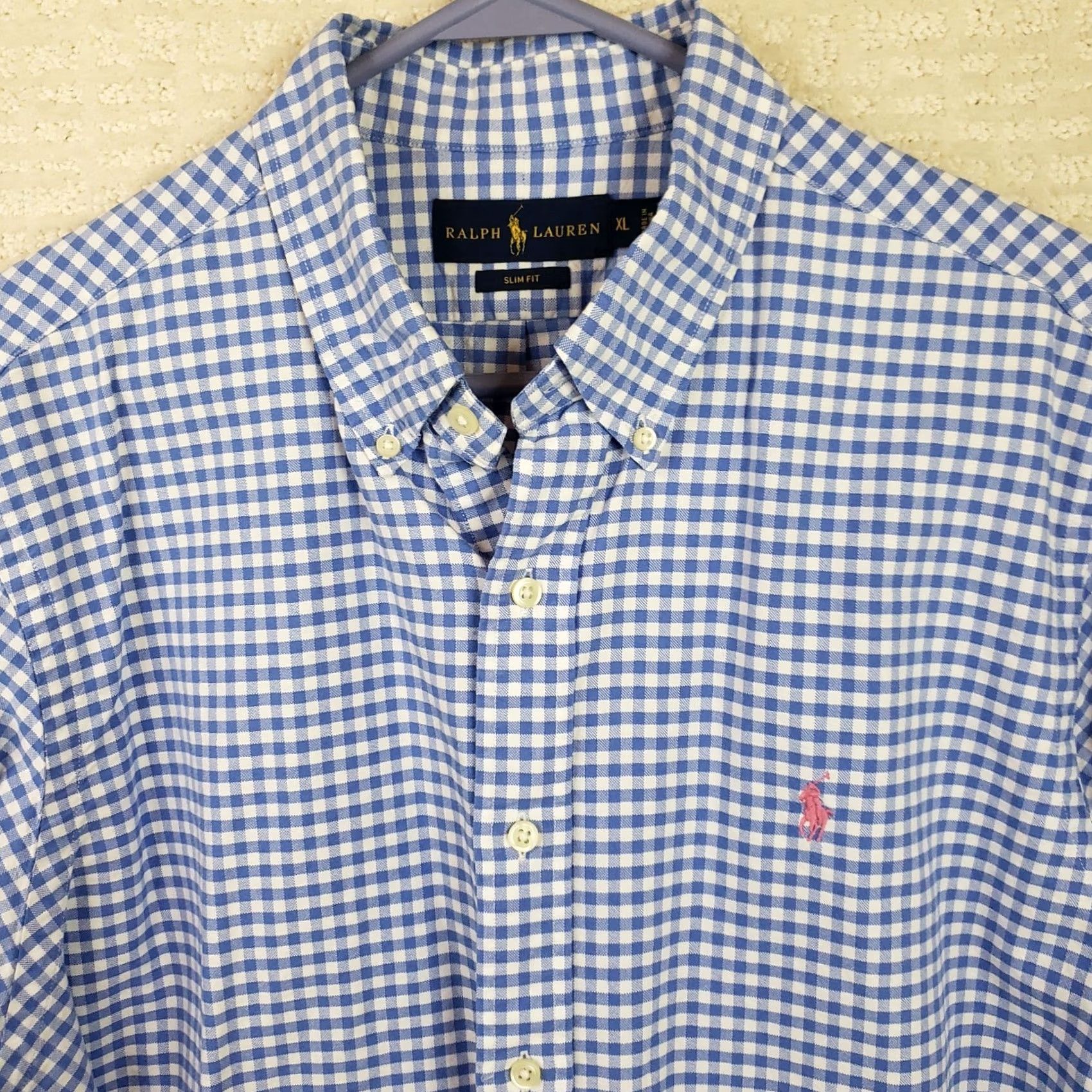 Ralph Lauren Ralph Lauren Mens XL Blue White Check Long Sleeve Slim Stretch Oxford Shirt Size US XL / EU 56 / 4 - 3 Thumbnail
