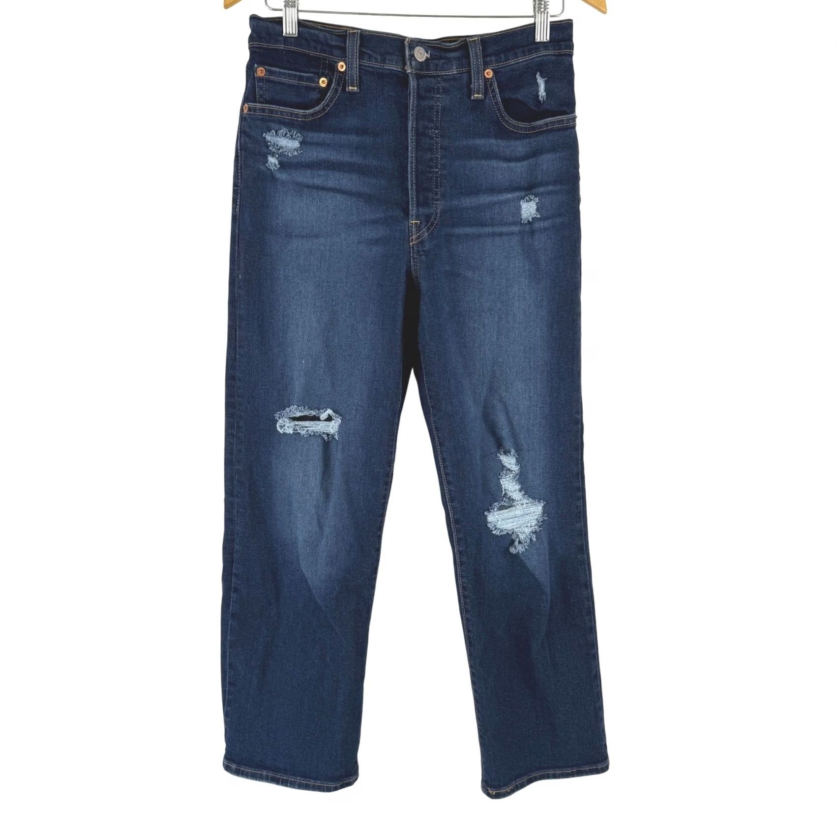 Levi's Levi's Ribcage Straight Ankle Jeans Women 29x27 Dark Indigo Destructed 72693-0133 Size 29" - 2 Thumbnail