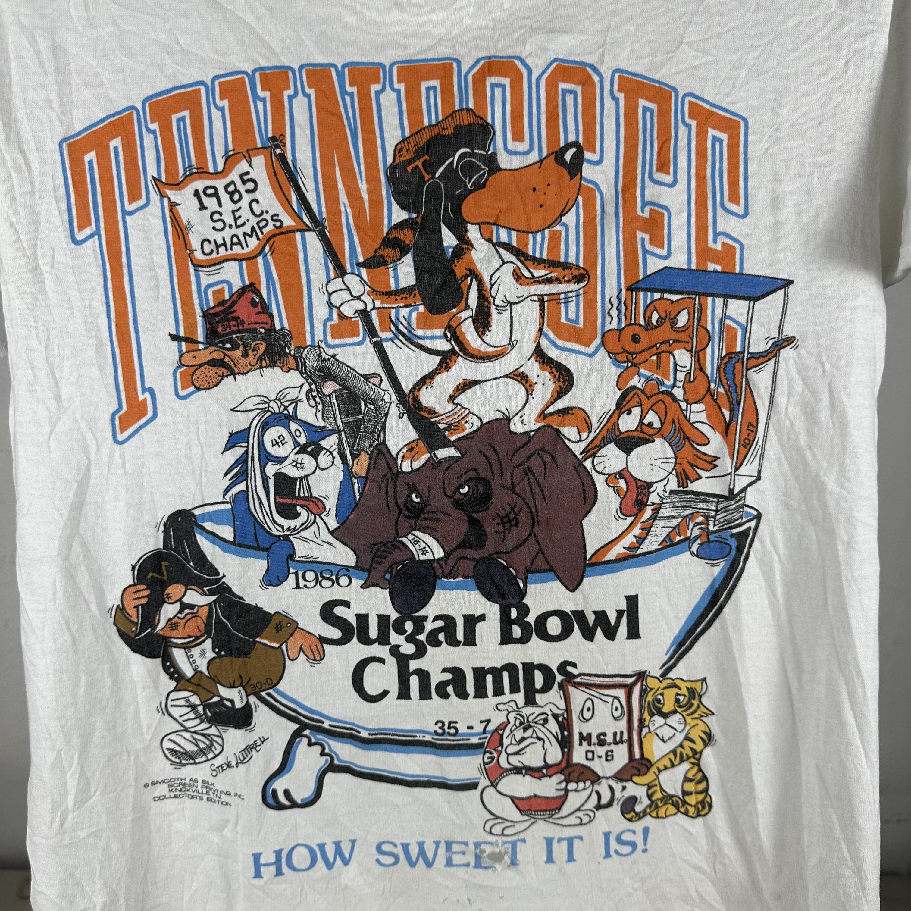 Vintage 1986 Tennessee Volunteers NCAA Sugar Bowl Champs T-shirt Size US S / EU 44-46 / 1 - 2 Thumbnail
