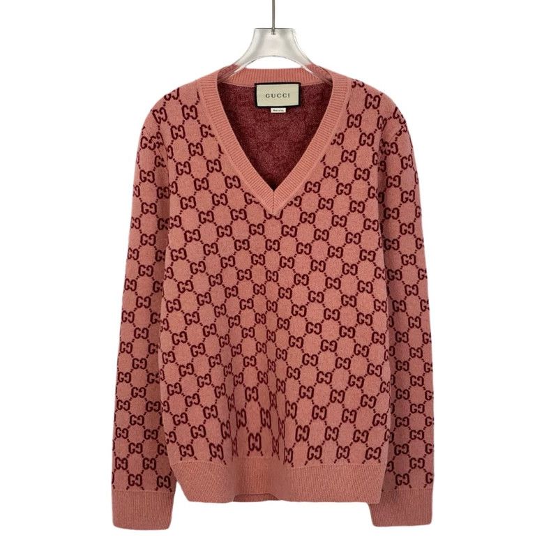 Gucci Gucci Pink logo jacquard full-print V-neck wool long-sleeve Size US S / EU 44-46 / 1 - 1 Thumbnail