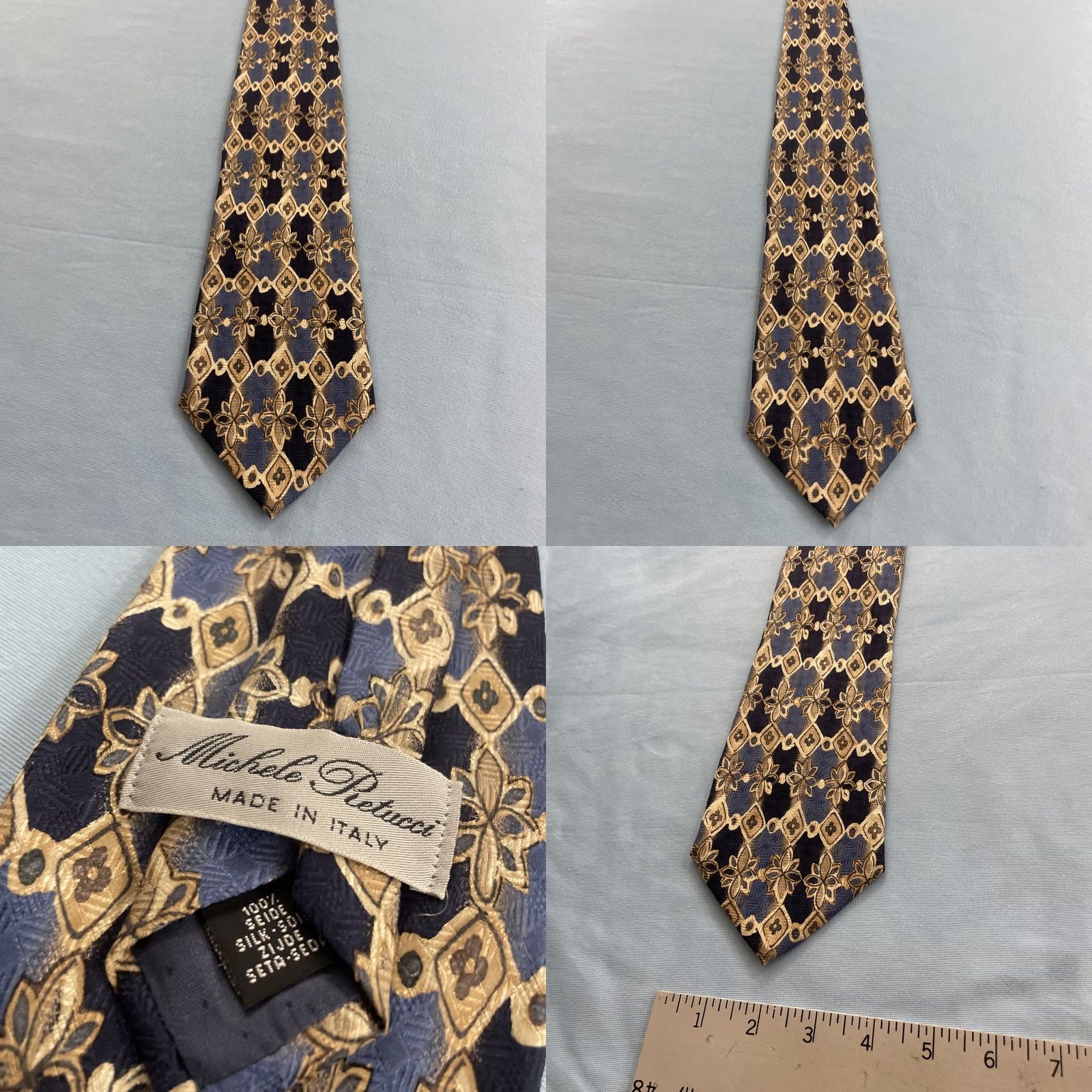 Vintage VINTAGE Handmade 100% Silk Neck Tie Italy Floral Western Blue Brown 4 Mens Tie Brown Blue Silk Size ONE SIZE - 10 Thumbnail