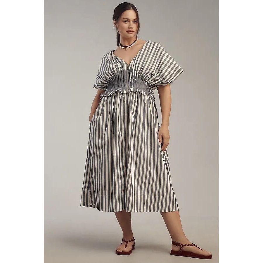 Anthropologie New V-Neck Zip-Front Midi Dress $180 X-SMALL Blue Stripe Size XS / US 0-2 / IT 36-38 - 5 Thumbnail