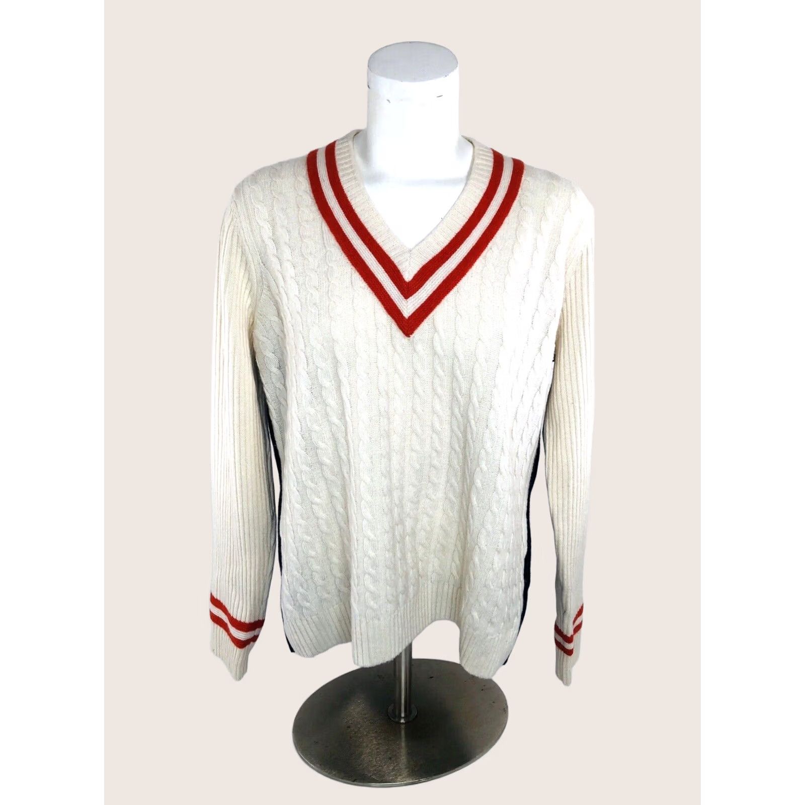 Brooks Brothers Brooks Brothers Red Fleece V-neck XL Cable-Knit Lambswool Sweater - Womens Pullover, Ivory / Blue / Red - XL, Excellent Size XL / US 12-14 / IT 48-50 - 1 Thumbnail