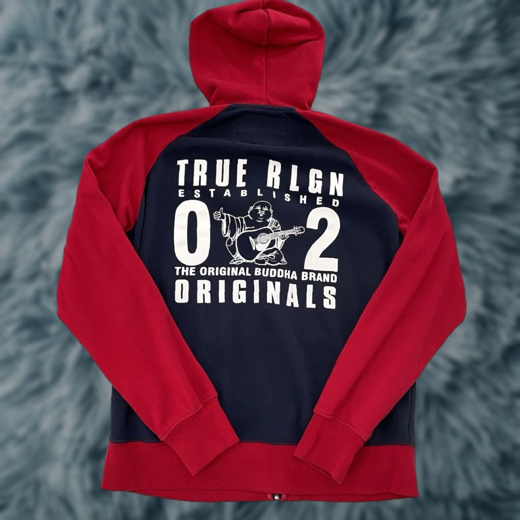 True Religion Men Hoodie XL Red Blue Full Zip Sweatshirt Streetwear Y2K Buddha City Classic Designer Hip Hop Retro School USA