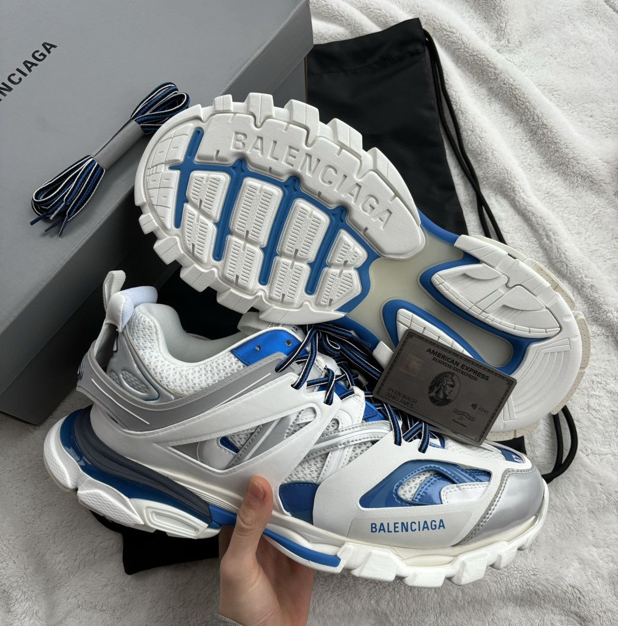Balenciaga Balenciaga White/Blue/Grey Track Sneakers Size US 14 / EU 47 - 2 Thumbnail