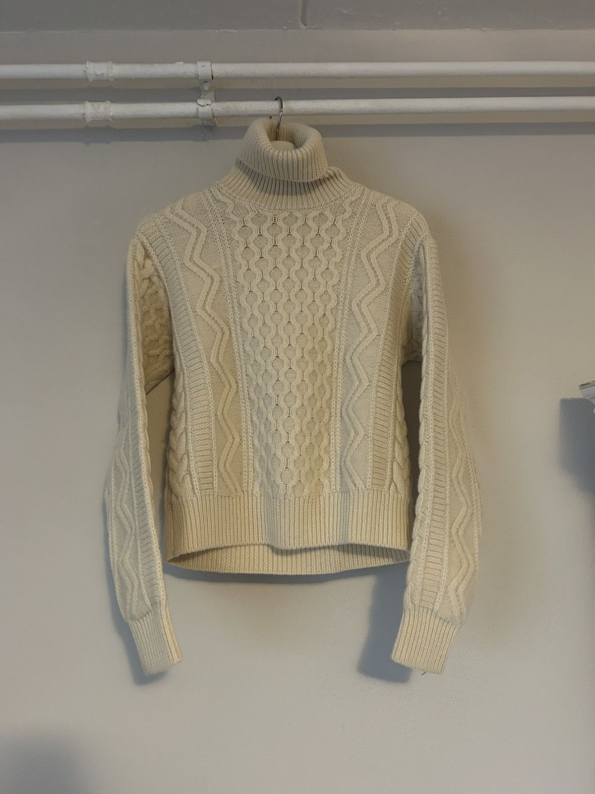 image of Saint Laurent Paris Cable Knit Wool Turtleneck Sweater in Cream, Men's (Size XS)