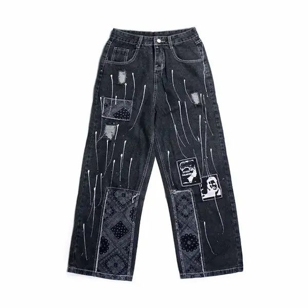 Jean Bandana Patchwork Straight Leg Baggy Jeans Size US 30 / EU 46 - 2 Thumbnail