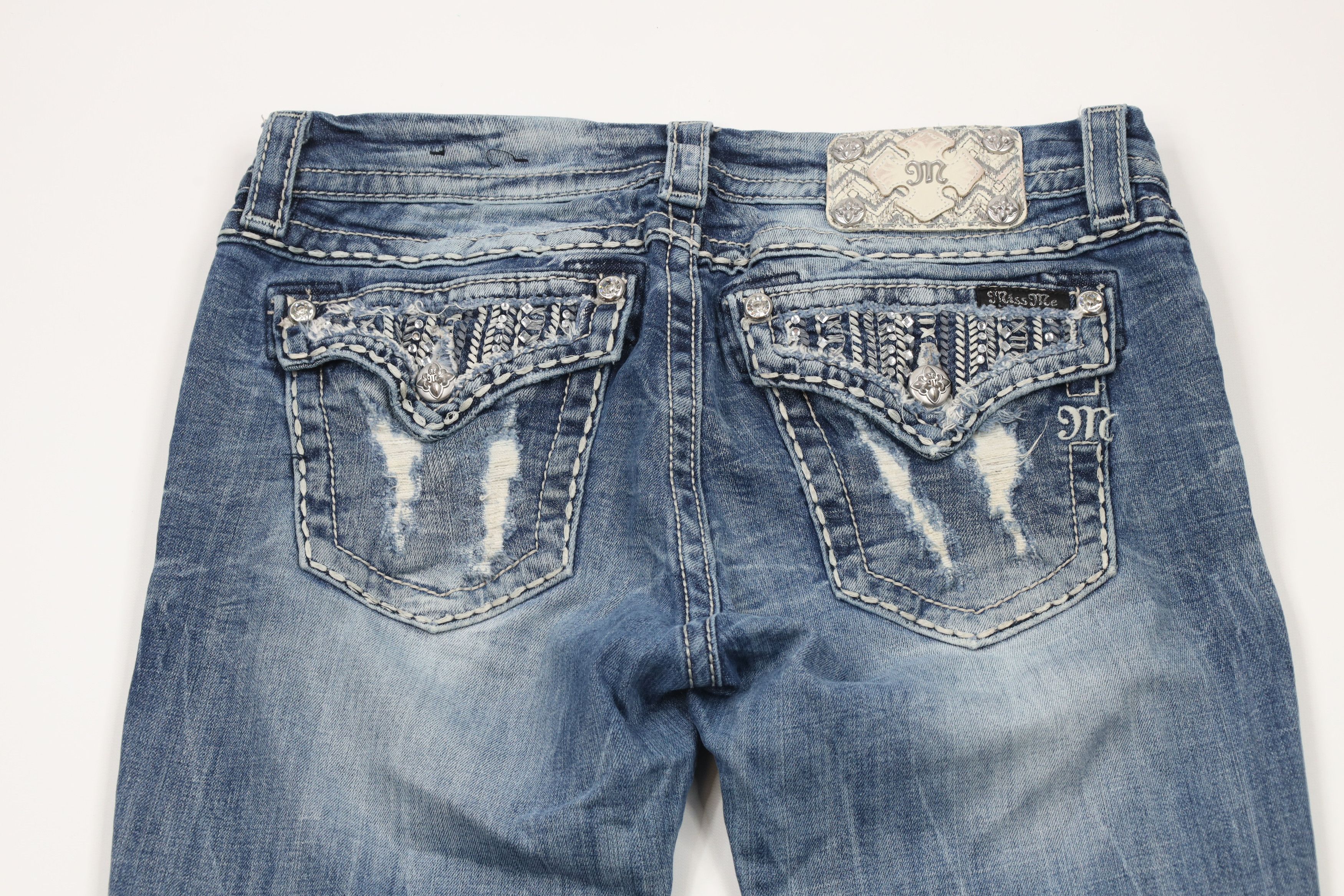 Miss Me × Vintage Miss Me Jeweled Fleur de Lis Flared Bootcut Denim Jeans Size 29" - 11 Thumbnail