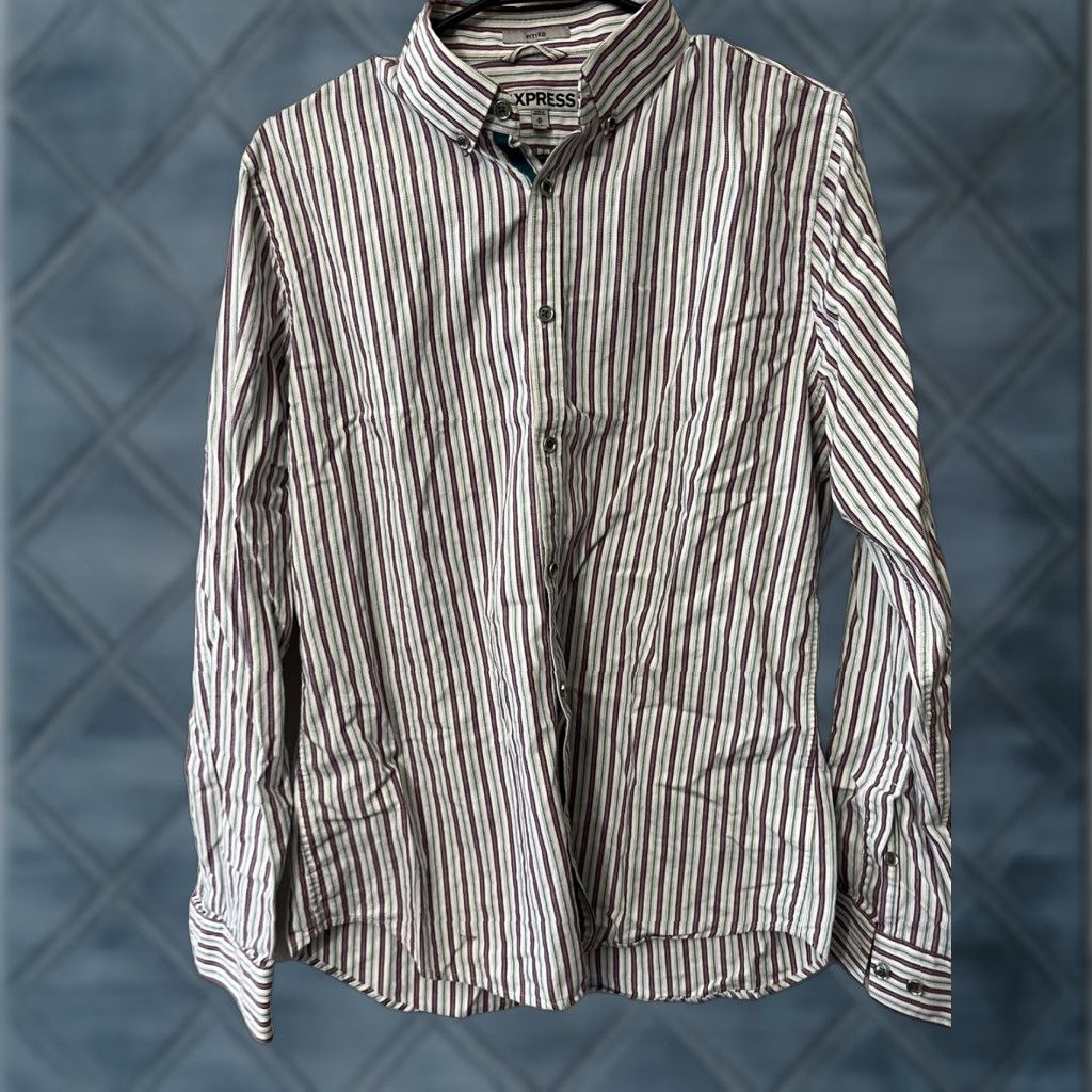Express Express Striped Button Down Shirt Mens Medium White with Purple Long Sleeve Size US M / EU 48-50 / 2 - 1 Thumbnail