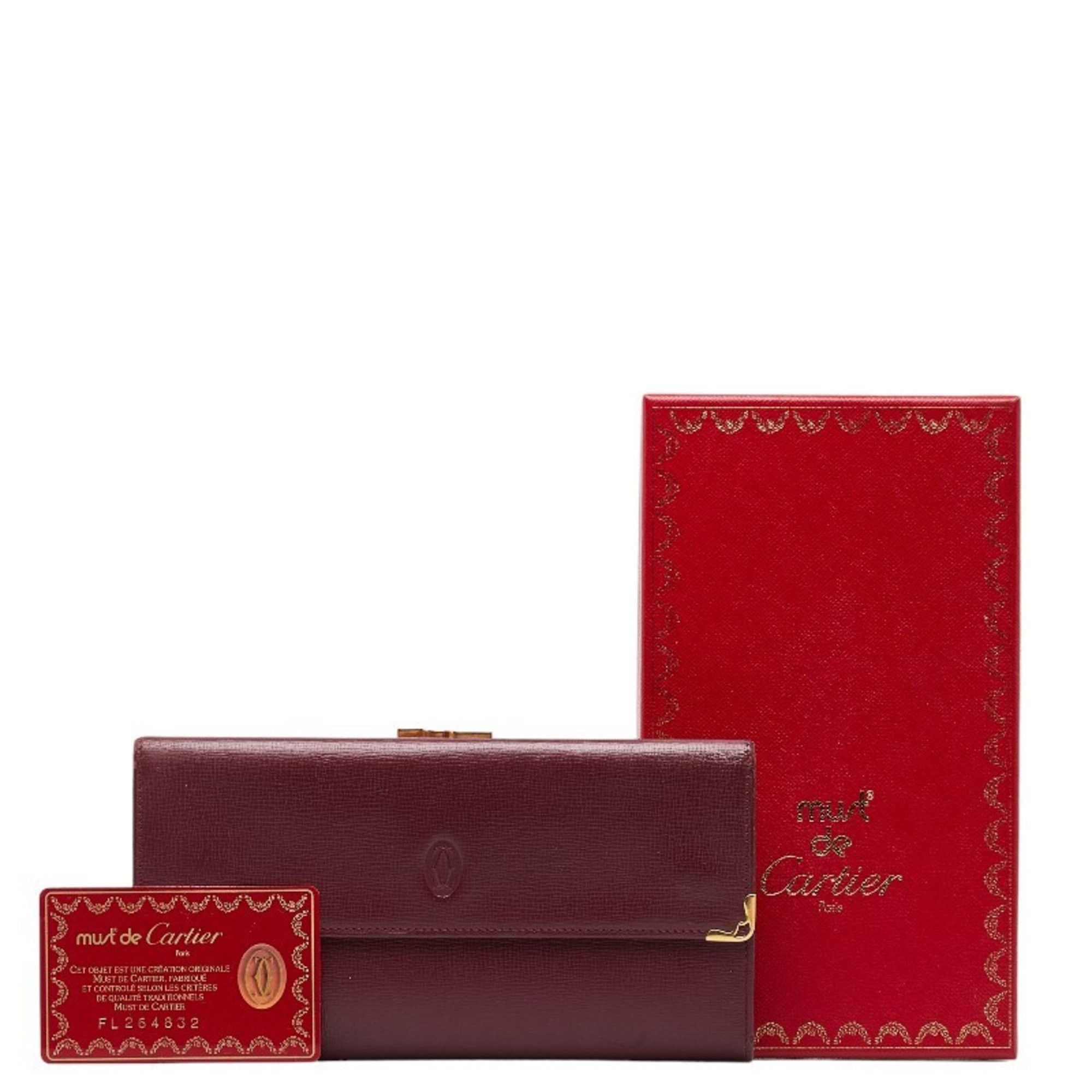 image of Cartier Must Line Bi-Fold Wallet Long Bordeaux Wine Red Leather Women's Cartier