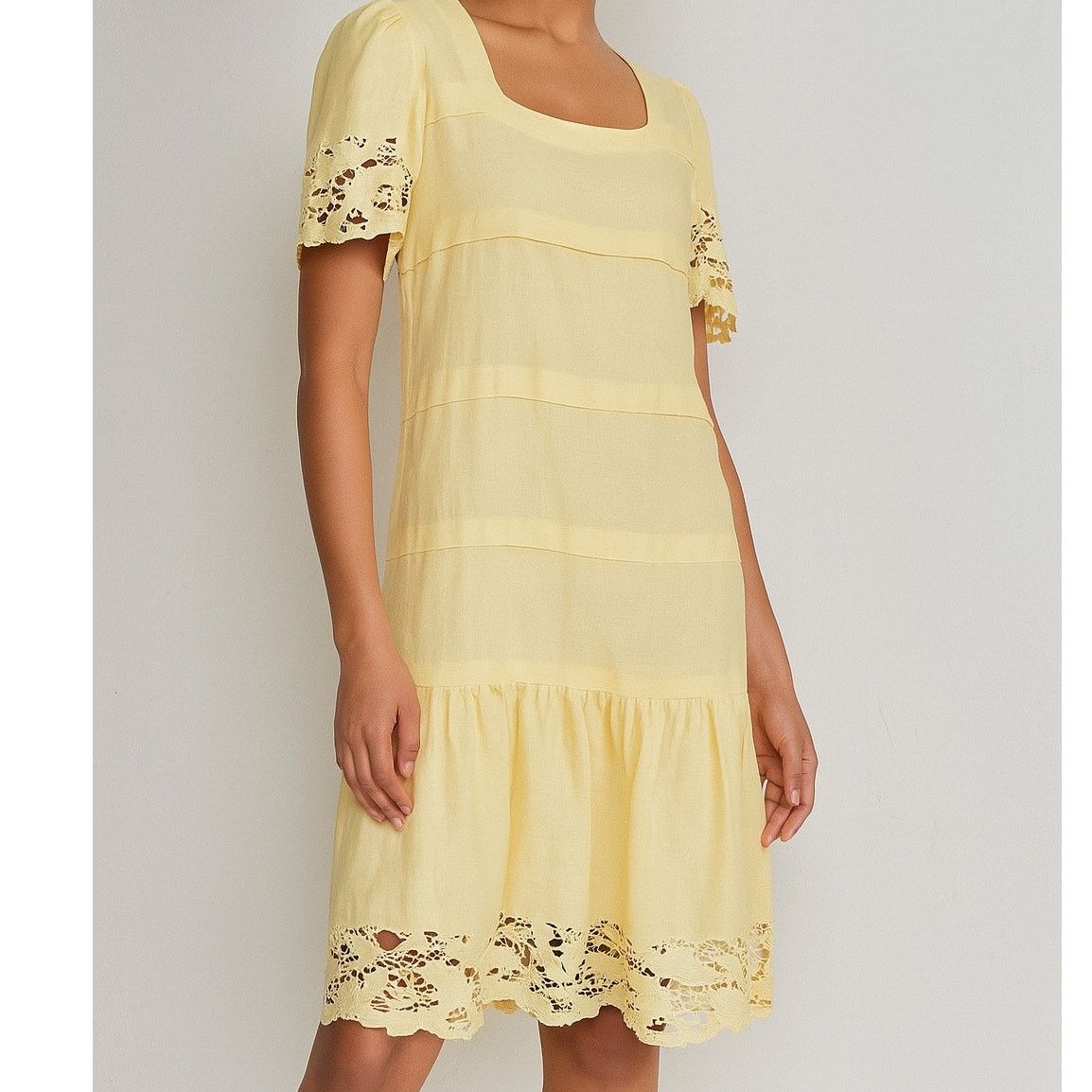 Vintage Vintage 80s Yellow Linen Floral Lace Cottagecore Dress M Size M / US 6-8 / IT 42-44 - 1 Thumbnail