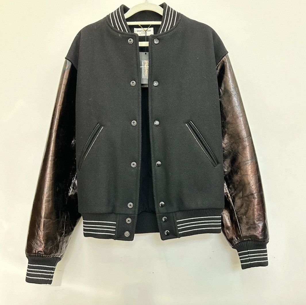 Saint Laurent Paris Saint Laurent Black Leather Sleeve Varsity Jacket- Size XS / US 0-2 / IT 36-38 - 1 Thumbnail