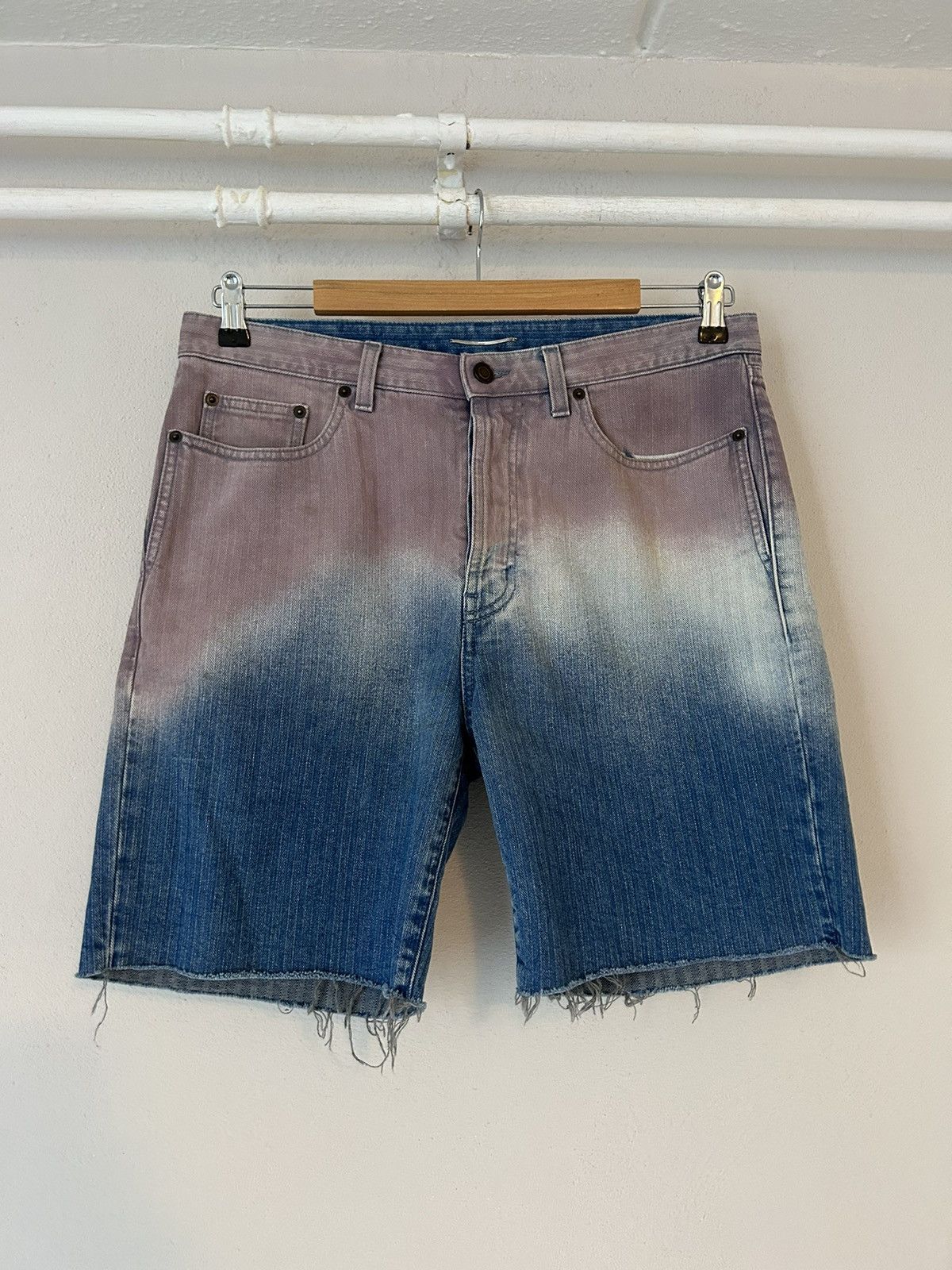 image of Saint Laurent Paris Raw-Edge Degradé Denim Shorts, Men's (Size 32)