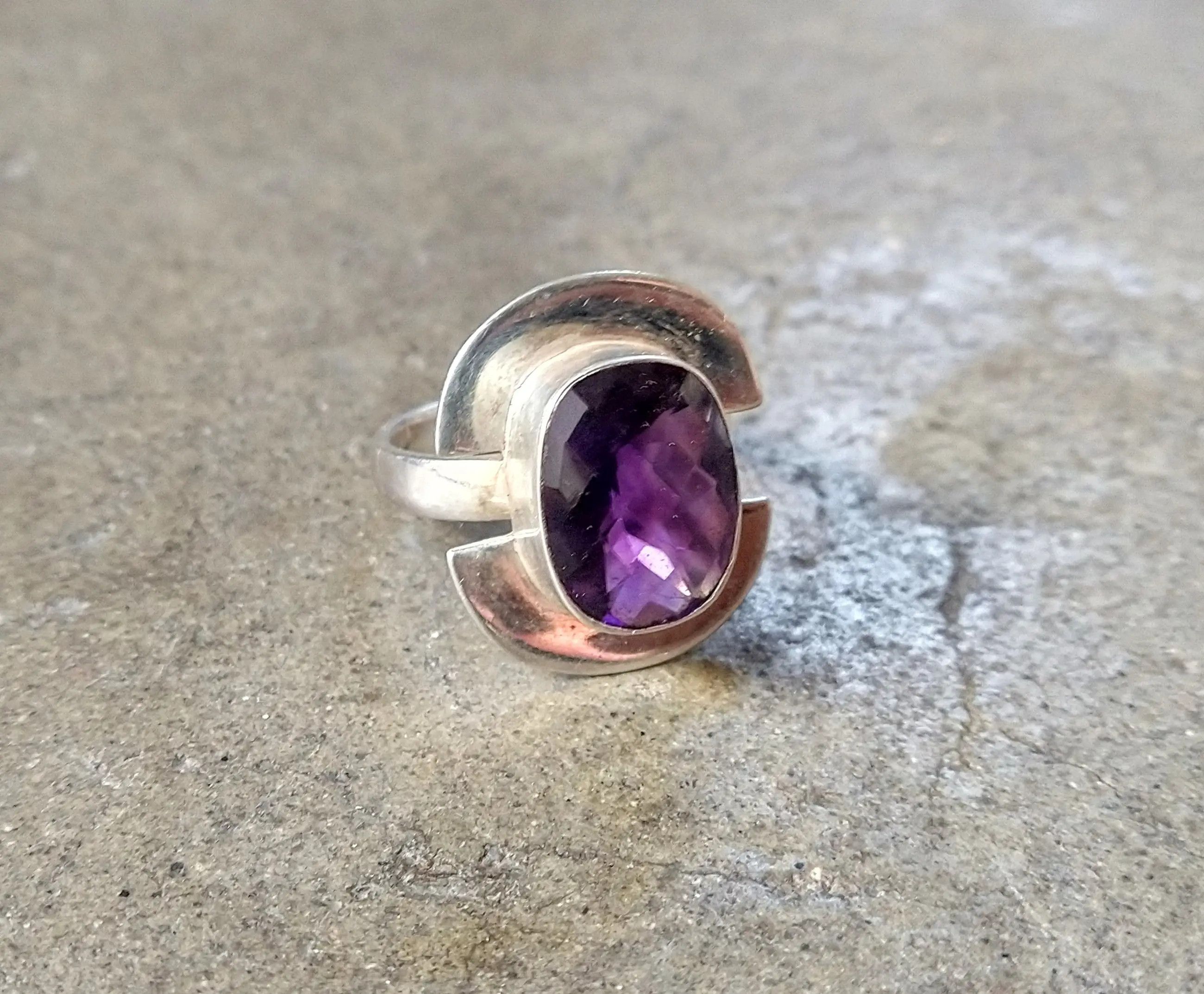 Vintage Vintage Sterling Silver Ring Purple Amethyst 11.75 Faceted Size ONE SIZE - 4 Thumbnail