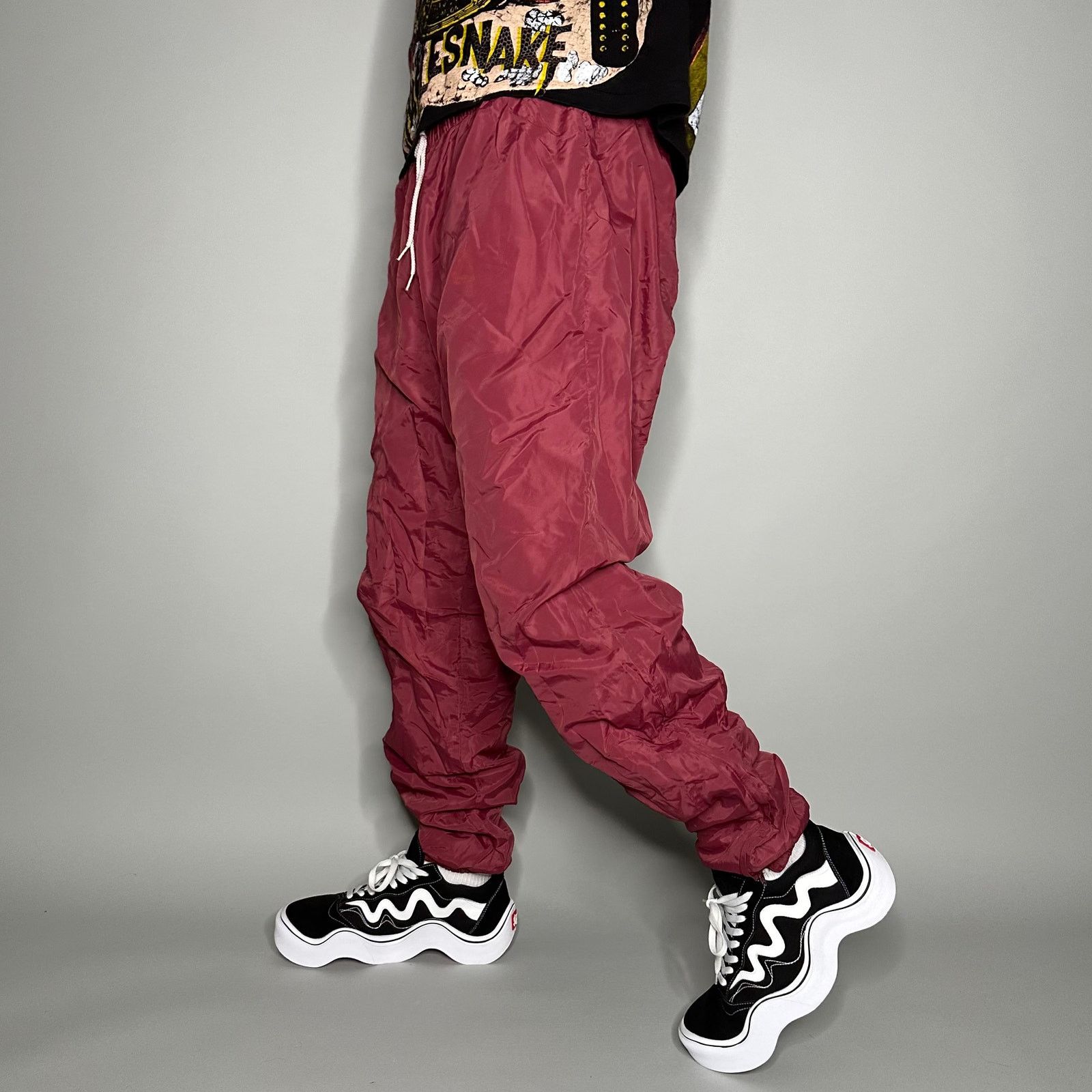 Vintage 90s Track Pants Mens XL Maroon Red Polyester Joggers