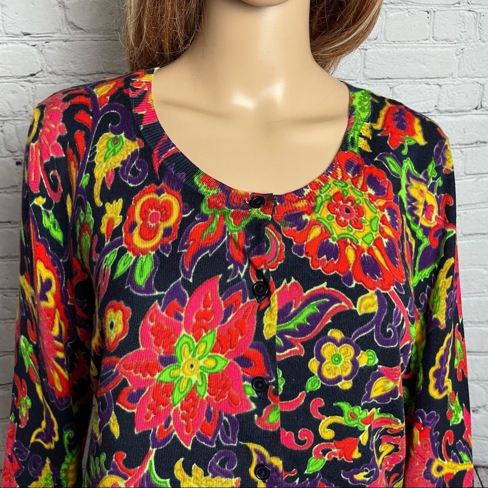 Talbots TALBOTS Floral Rayon Cotton Cardigan Sweater Size L Petite Size L / US 10 / IT 46 - 2 Thumbnail