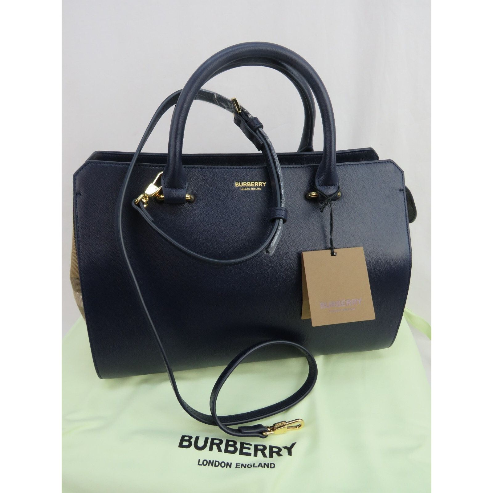 Burberry BURBERRY BANWELL DARK BLUE LEATHER CHECK SHOULDER BAG $2K Size ONE SIZE - 8 Thumbnail