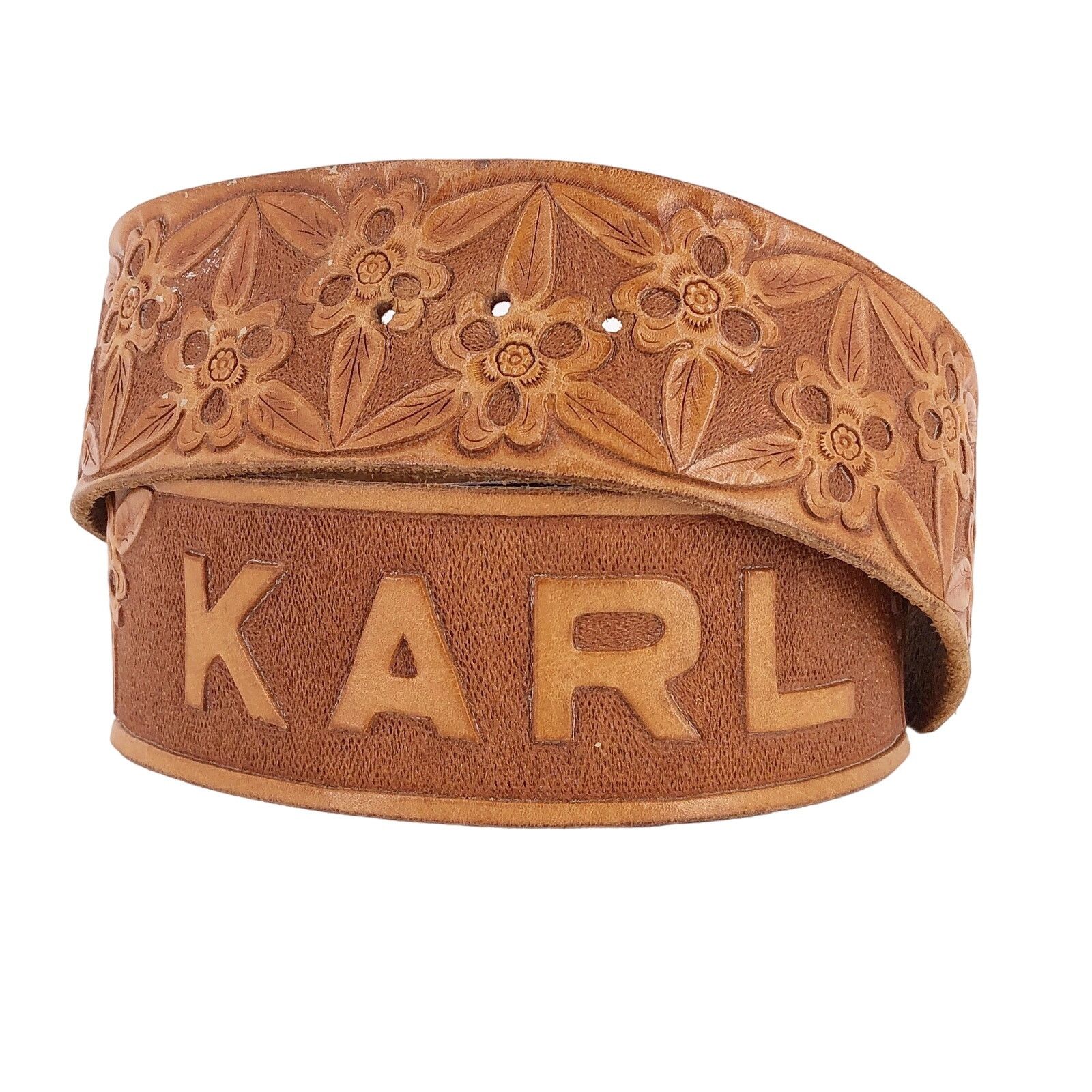 Other floral tooled wide leather belt personalized with Karl Size 34 - 1 Thumbnail