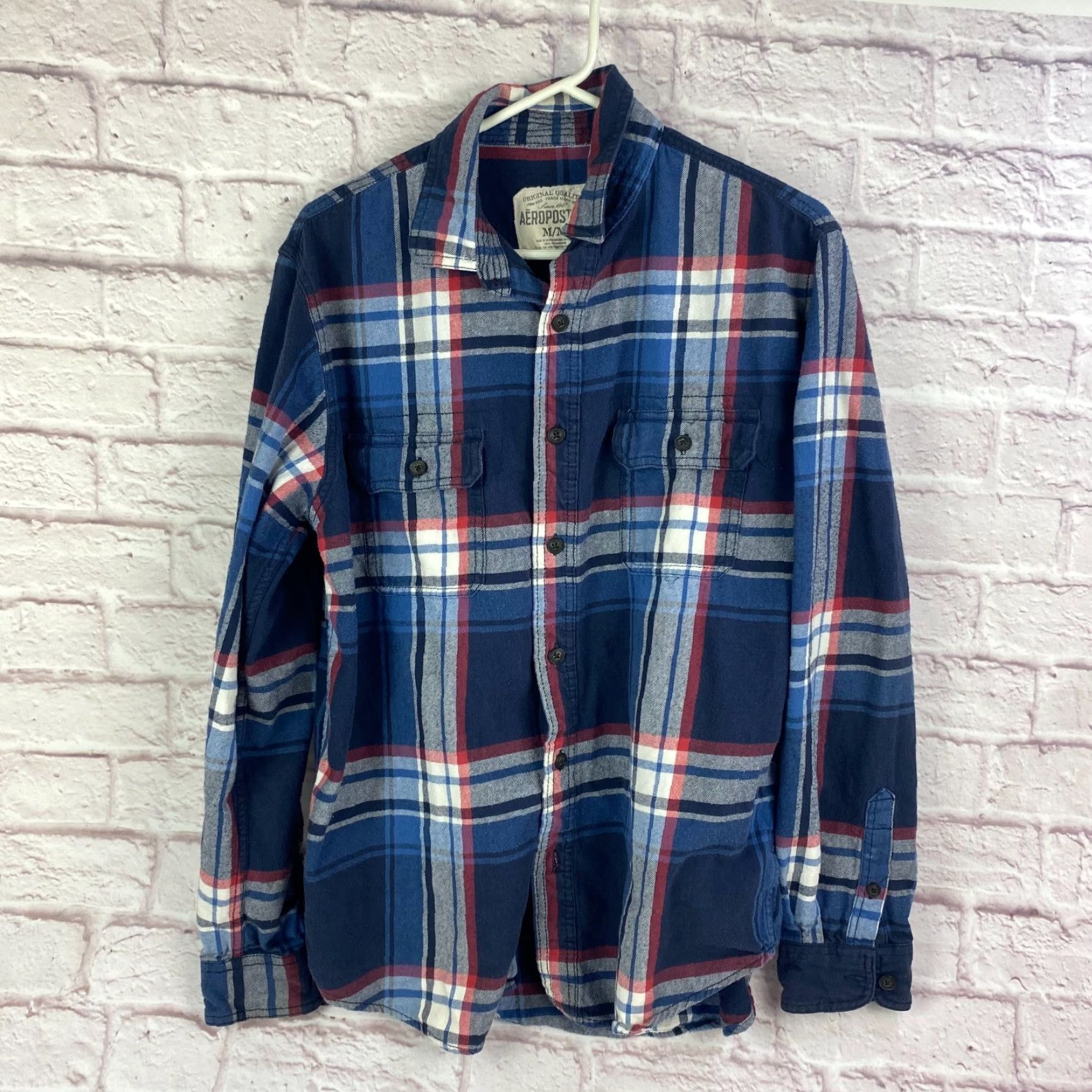 Aeropostale Aeropostale Mens Button-Up Shirt Long Sleeve Plaid Blue 100% Cotton Medium Size US M / EU 48-50 / 2 - 2 Thumbnail