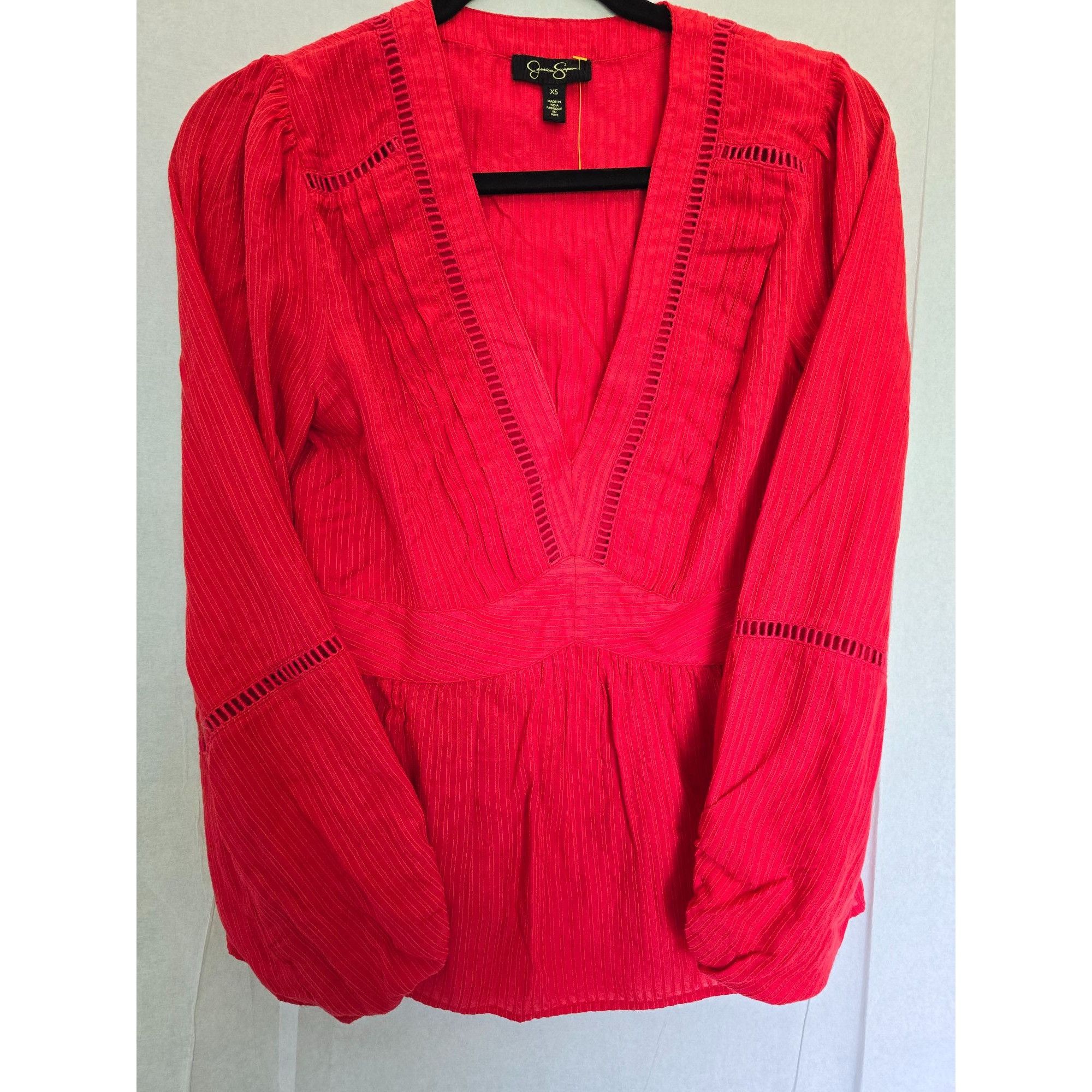 Jessica Simpson Jessica Simpson Red V-Neck Long Sleeve Blouse boho XS Size XS / US 0-2 / IT 36-38 - 1 Thumbnail