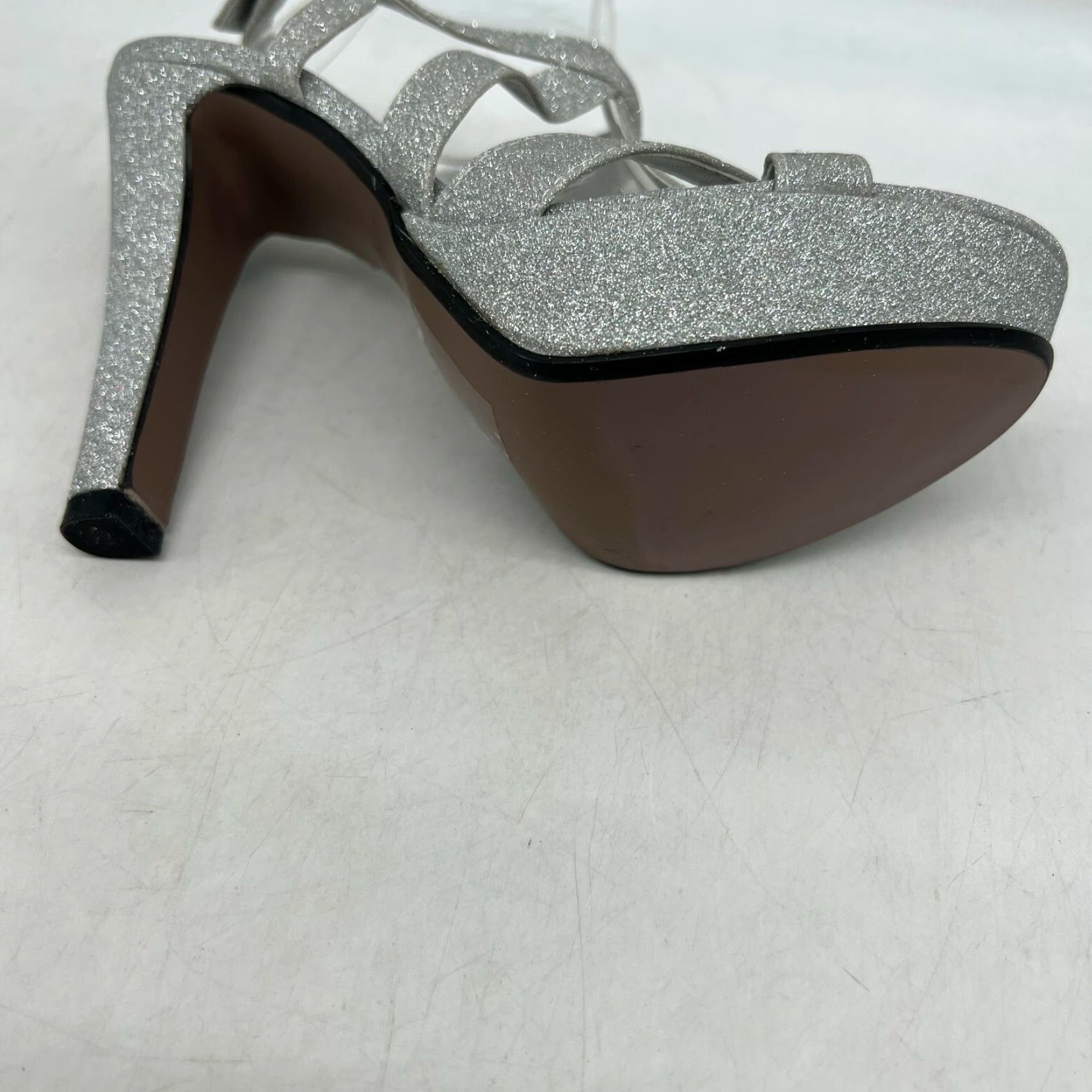 Vintage Touch Ups Queenie Womens Platform Sandals Size 7.5M Silver Glitter Peep Toe Stiletto Heels Party/Cocktail Size US 8 / IT 38 - 5 Thumbnail