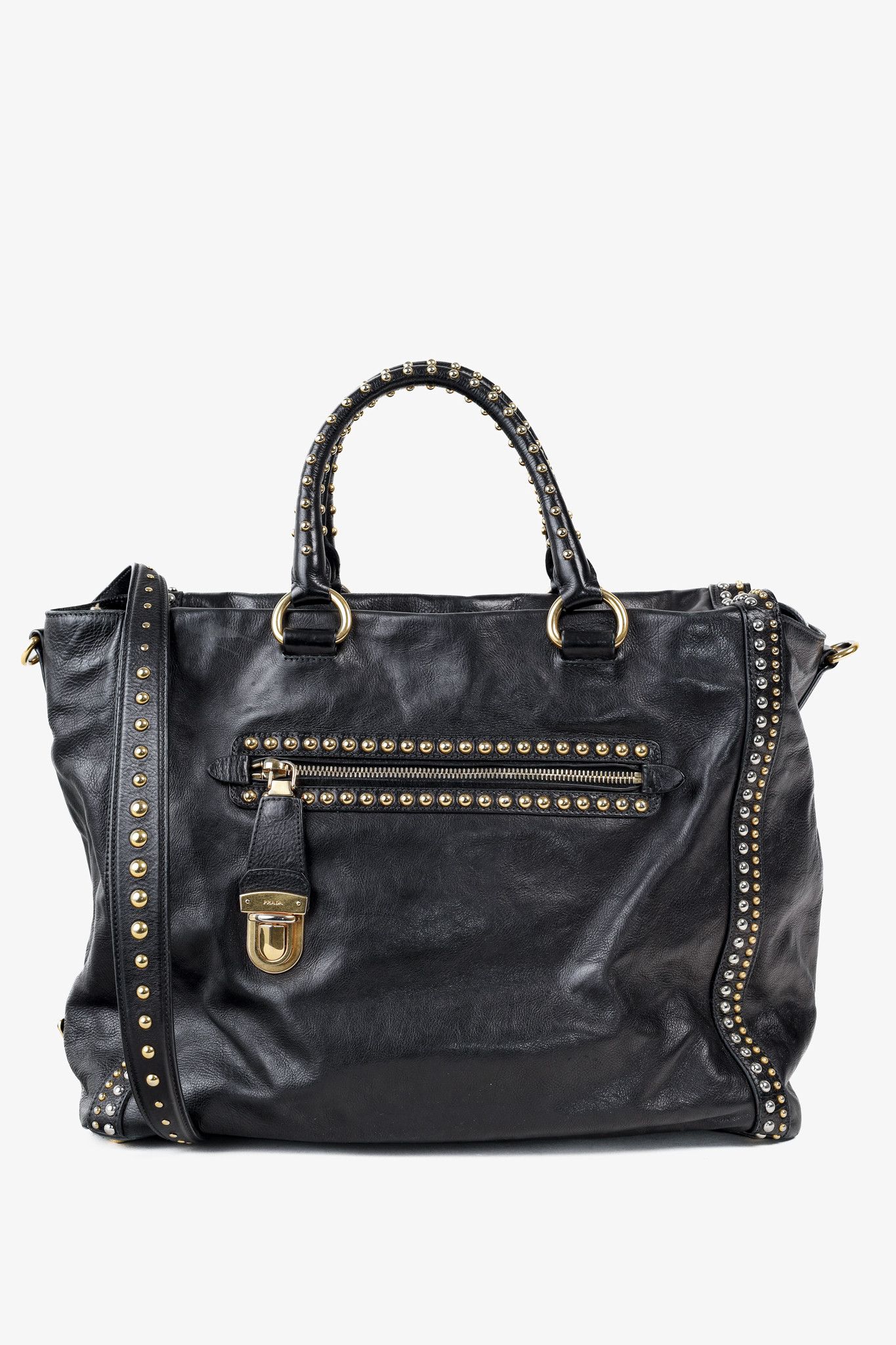 Prada Prada Craquele Nero Glace Calf Leather Studded Shopper Tote Size ONE SIZE - 1 Thumbnail