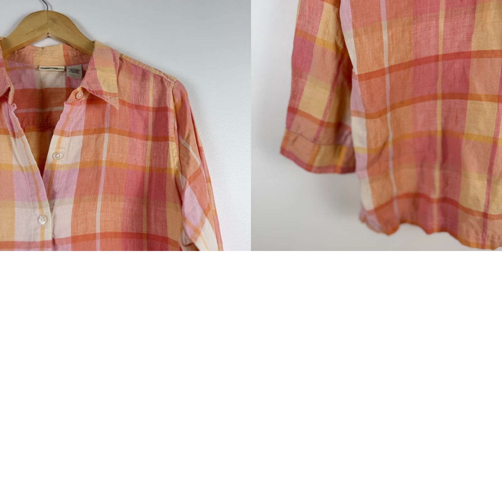 Cherokee VINTAGE Cherokee Plaid Shirt Womens XL Pink Orange Top Classic Linen Button Down Size XL / US 12-14 / IT 48-50 - 9 Thumbnail