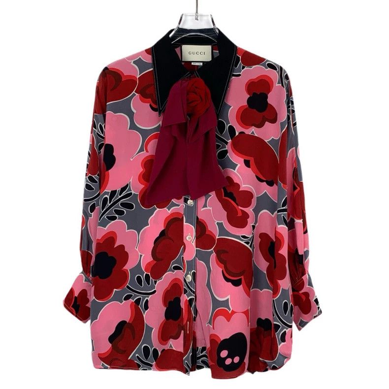 Gucci Gucci Size 36 Floral full-print lapel mulberry silk long-s Size US XXS / EU 40 - 1 Thumbnail
