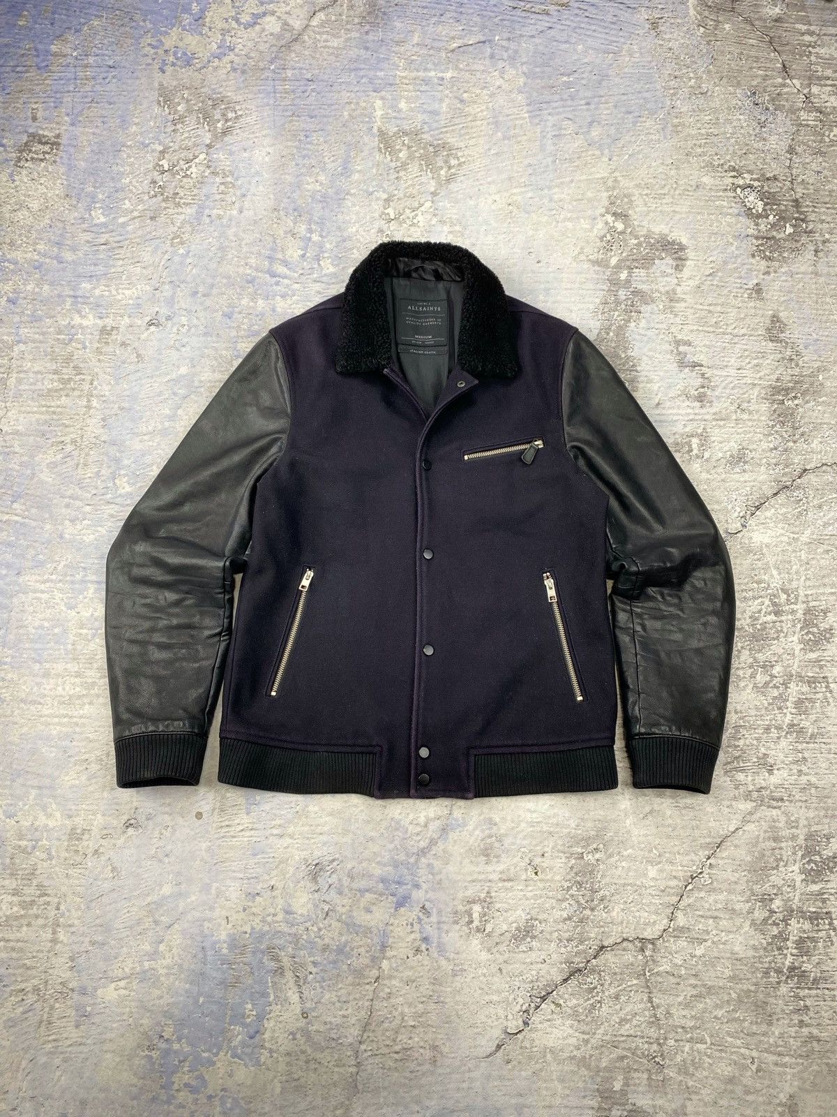 Allsaints leather wool jacket bomber mens rare purple black