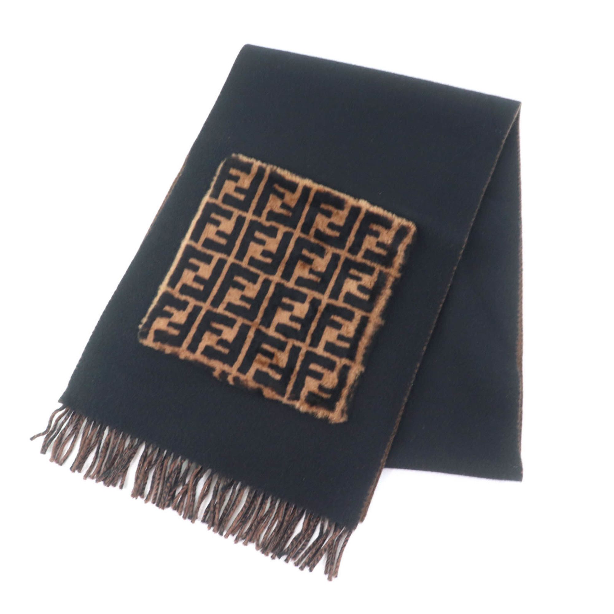 Fendi FENDI FXT252 Cashmere Blend Zucca Print Scarf with Fur Pocket and Fringe, Black/Brown, Includes Dust Bag, Made in Italy, Women's Size ONE SIZE - 1 Thumbnail