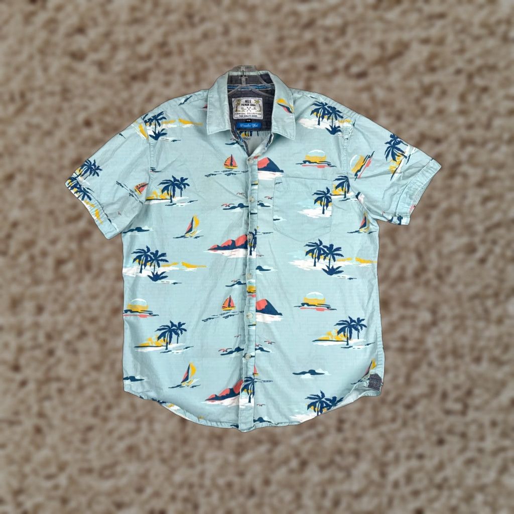 Vintage MBX Premium Goods Shirt Men Medium Blue Palm Tree Sailboat Hawaiian 100% Cotton Shirt Men Medium Blue Palm Tree Hawaiian 100% Cotton Size US M / EU 48-50 / 2 - 1 Thumbnail
