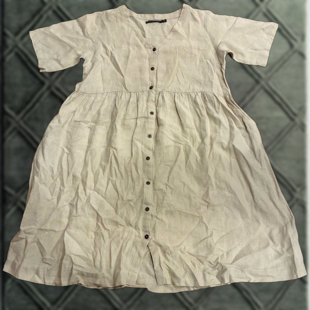 Gudrun Sjoden Dress Women's 100% Linen Tan V-neck Short Sleeve Midi A-Line  Size M