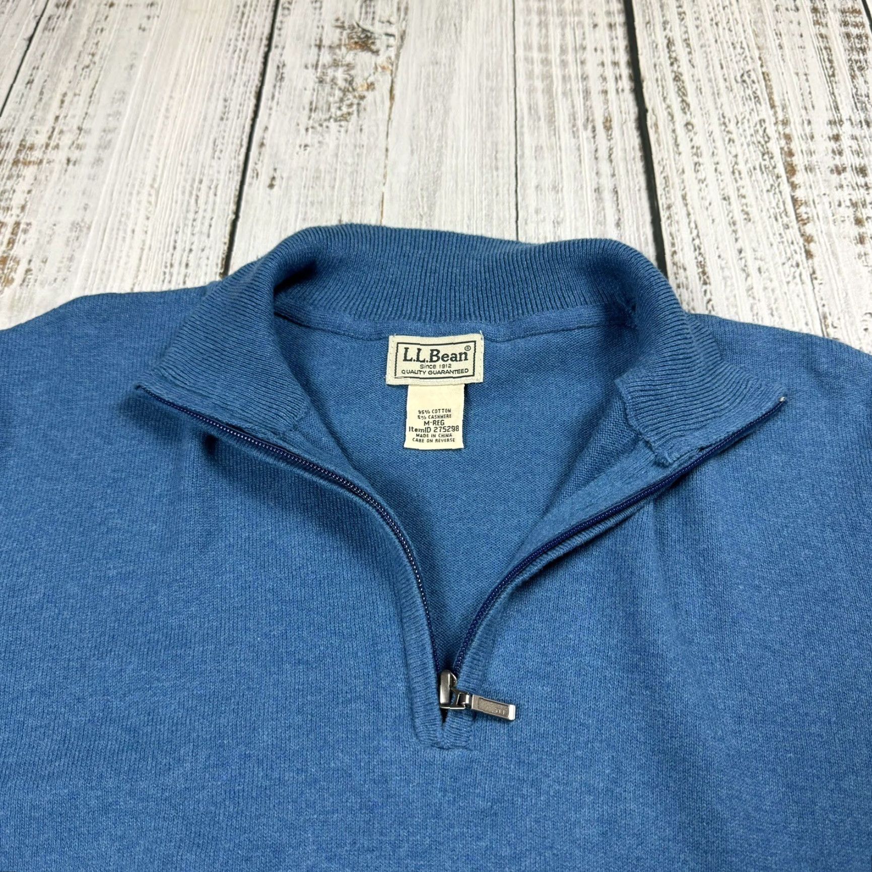 LL BEAN Sweater Mens Medium Teal Blue Cotton Cashmere Blend 1/4 Zip Mock 275298