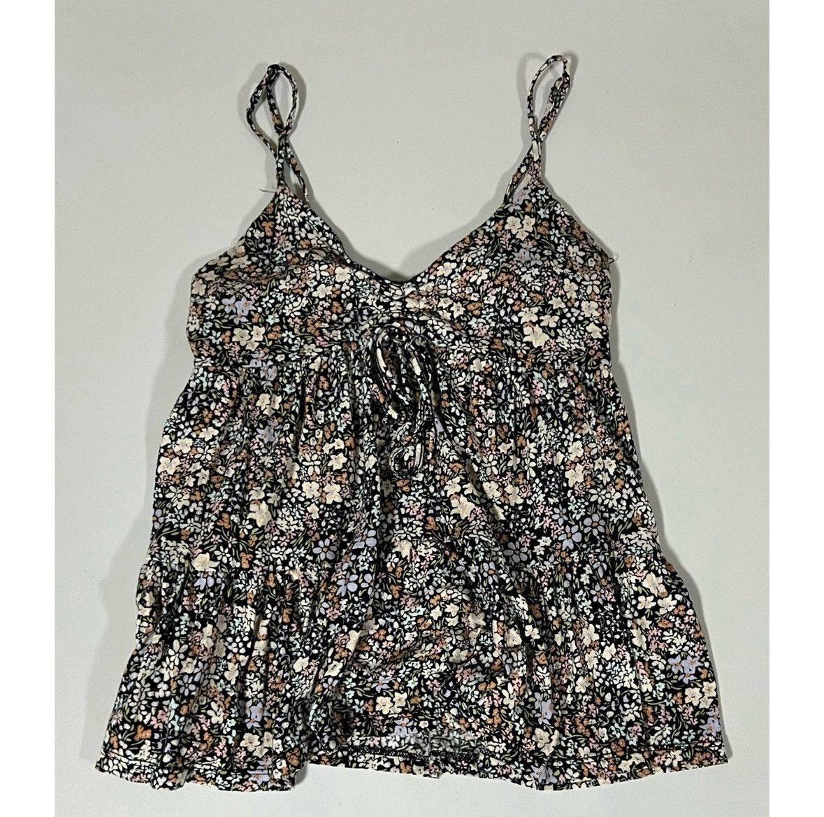 Vintage Black Ditzy Floral Ruched Babydoll Top Shirt Blouse XS 🪻✨ Size XS / US 0-2 / IT 36-38 - 2 Thumbnail