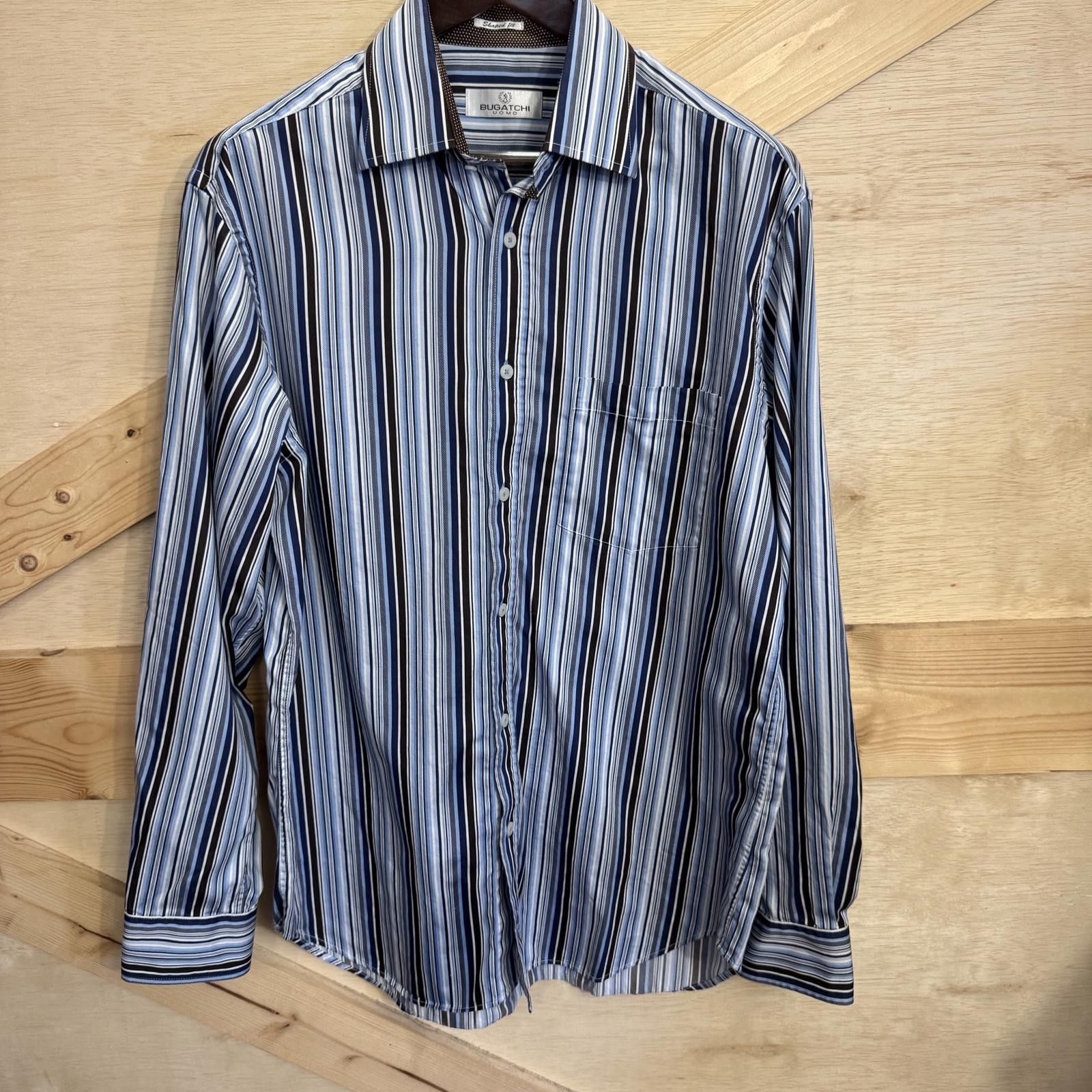 BUGATCHI Bugatchi Shaped Fit Dress Shirt Men XL Striped Flip Cuff Size 44R - 1 Thumbnail