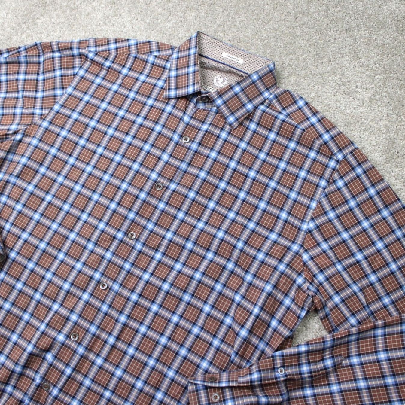 BUGATCHI Bugatchi Uomo Shirt Men Large Brown/Blue Shaped Fit Button-Up Long Sleeve Cotton Plaid Collar Spread Size US L / EU 52-54 / 3 - 3 Thumbnail
