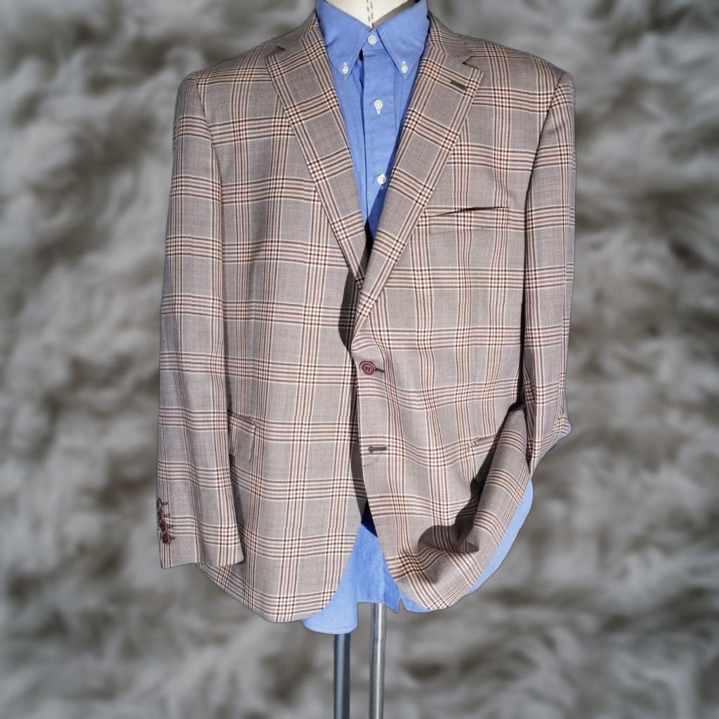 Vintage Tiglio Blazer Shirt Brown Orange Glen Check Wool Textured Jacket Sport Coat Notch Lapel Single-Breasted 50R Mens Wool Jacket New without Tags Size 50R - 1 Thumbnail