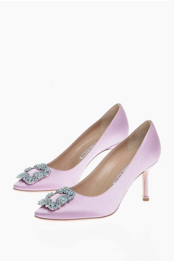 image of Manolo Blahnik Satin Hangisi Pumps With Rhinestones Embellished Buckle Heel Shoes in Pink, Women's 