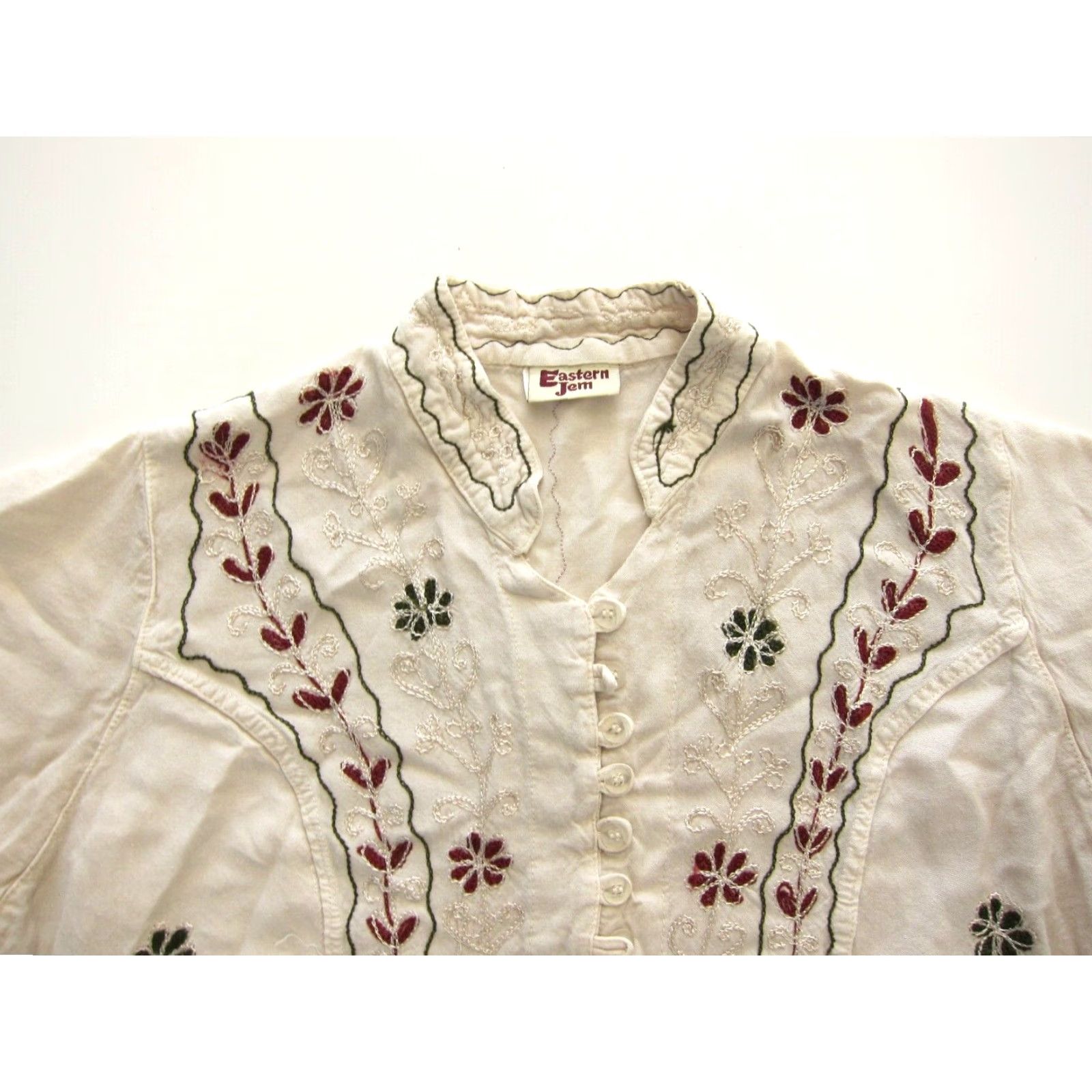 Pinko VINTAGE Eastern Jem India 100% Rayon Ivory Green Pink Embroidered Tunic Blouse M Size M / US 6-8 / IT 42-44 - 3 Thumbnail